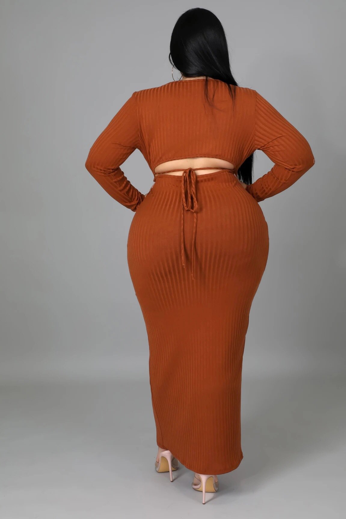 Irreplaceable Cutout Back Midi Dress Cognac Brown (Curvy) - FINAL SALE - Ali’s Couture