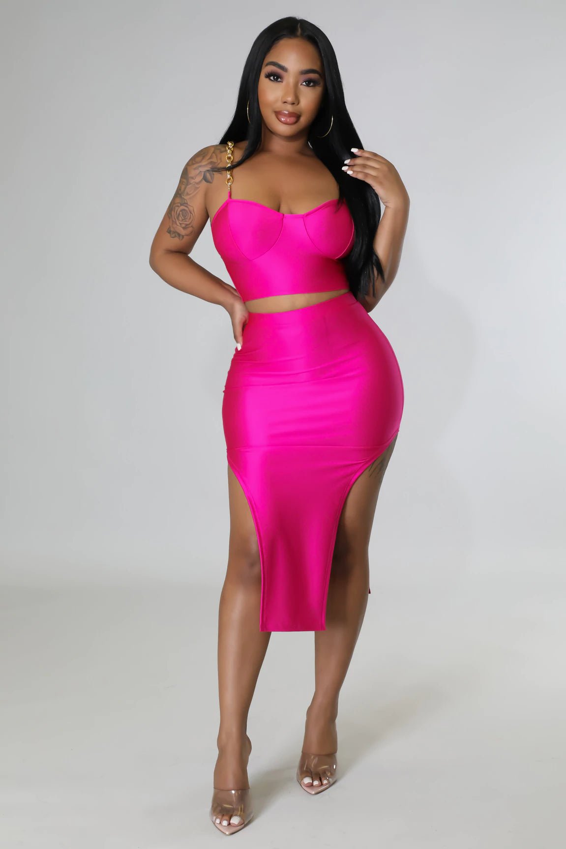 Jadah Satin Skirt Set Fuchsia - Ali’s Couture