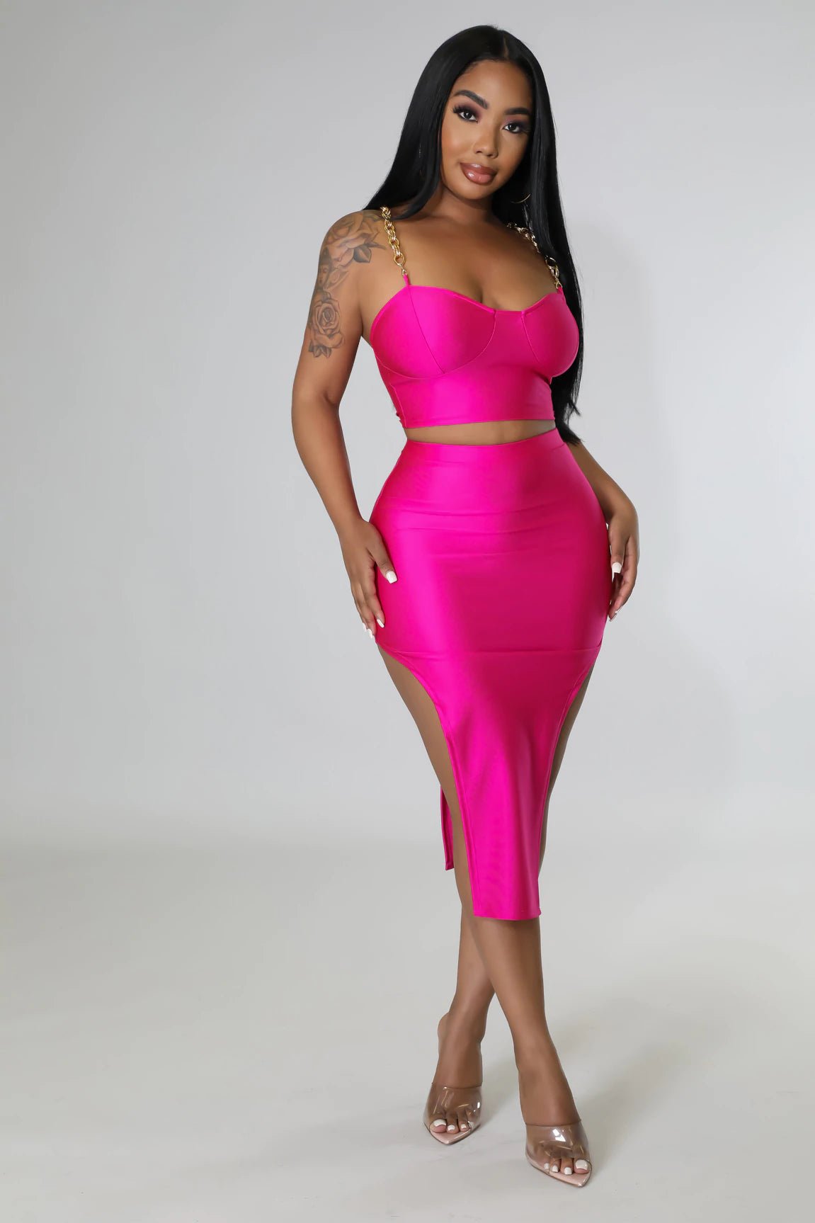 Jadah Satin Skirt Set Fuchsia - Ali’s Couture