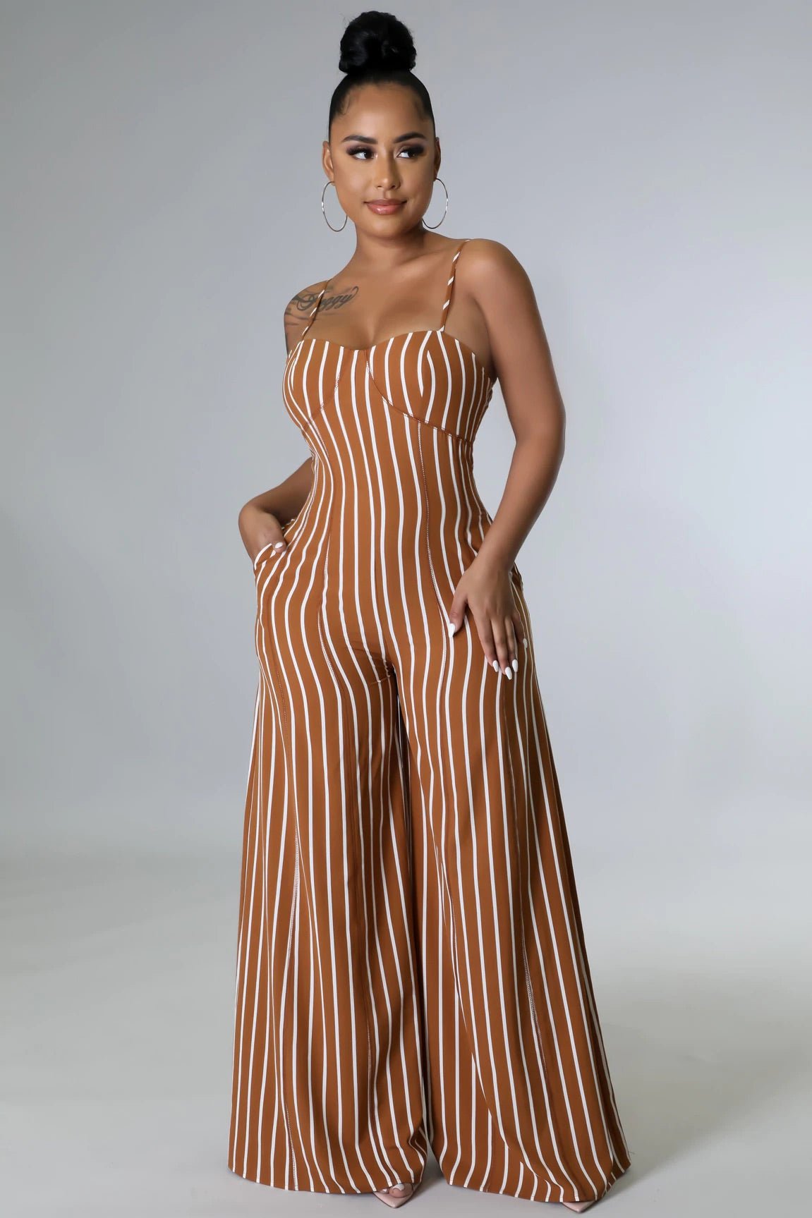 Janelle Striped Jumpsuit Brown - Ali’s Couture