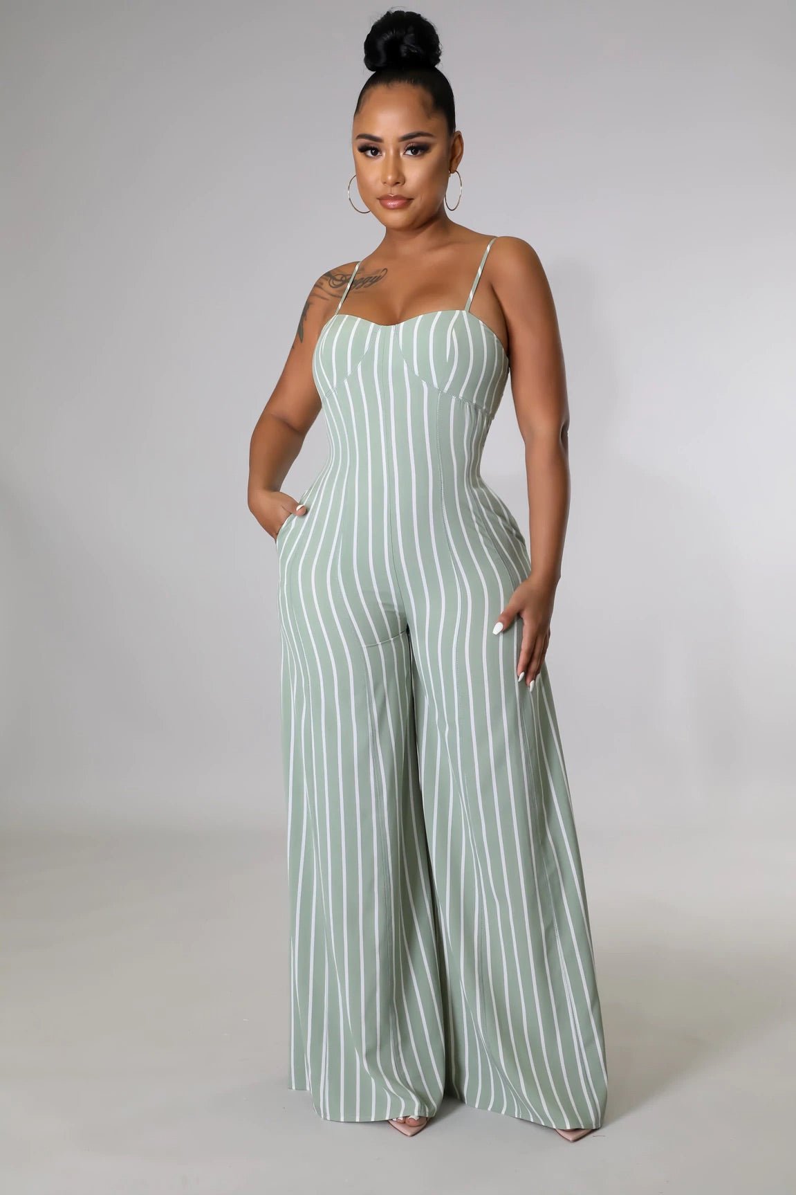 Janelle Striped Jumpsuit Sage - Ali’s Couture