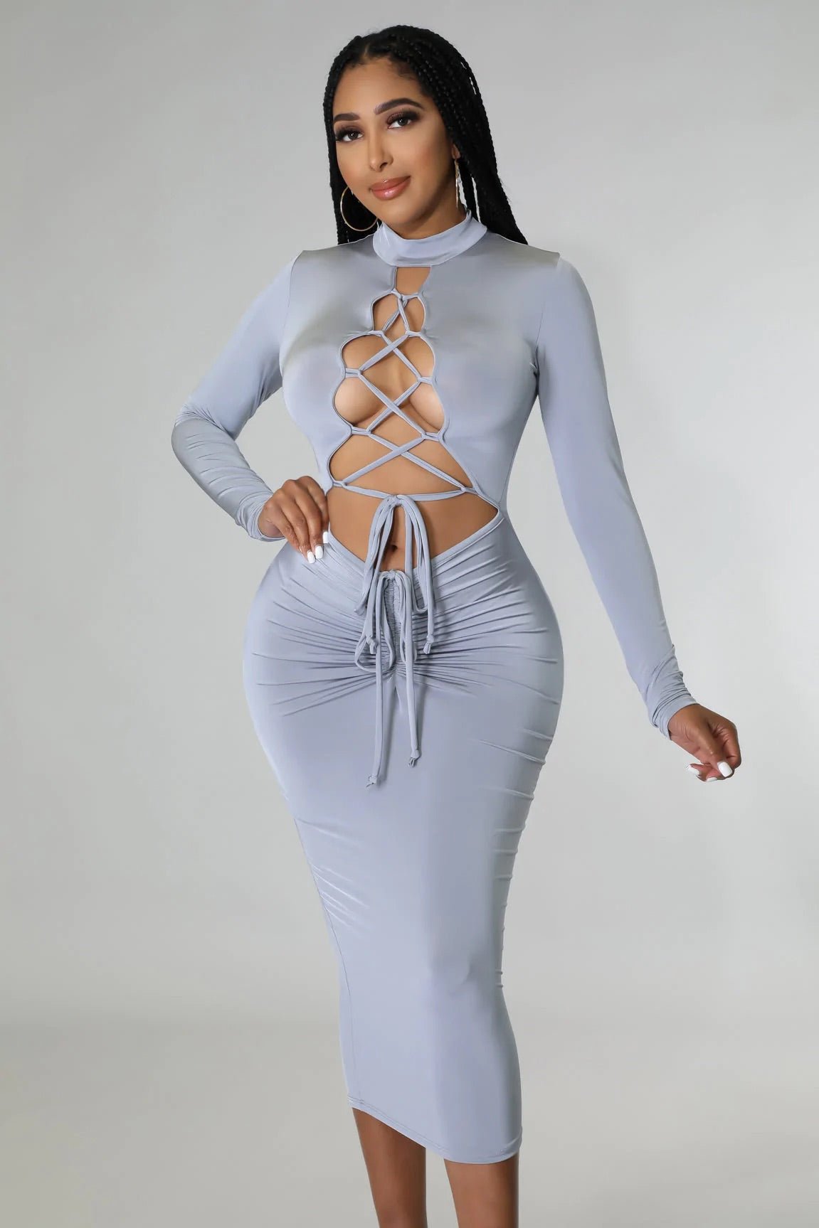 Jazzy Nights Cutout Midi Dress Platinum - Ali’s Couture