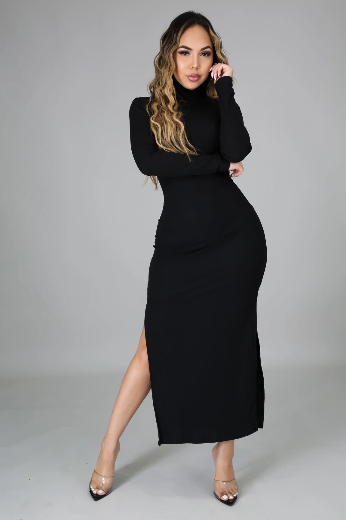 Lana Turtleneck Ribbed Maxi Dress Black - Ali’s Couture