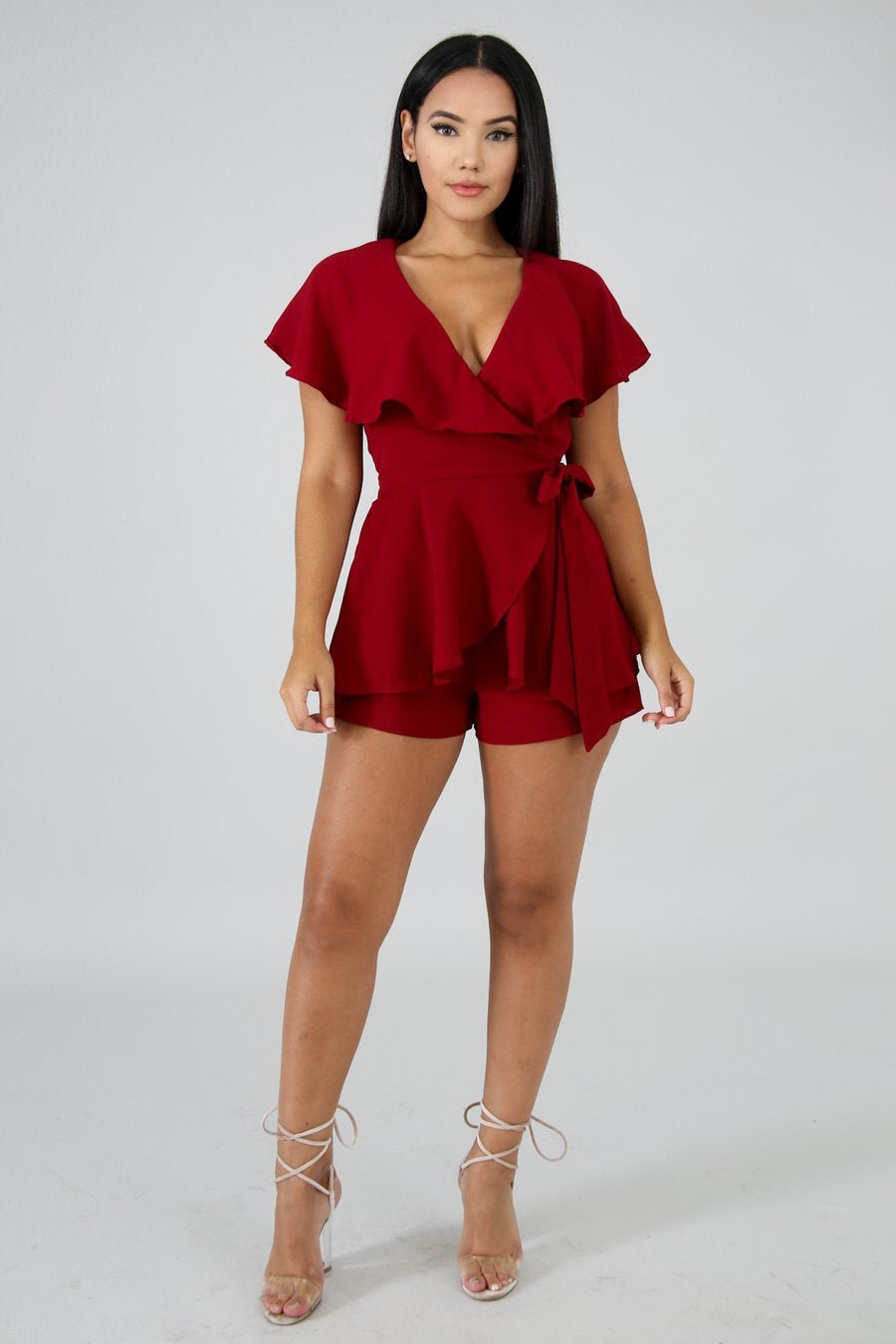 Lilly Wrap Romper Burgundy - Ali’s Couture