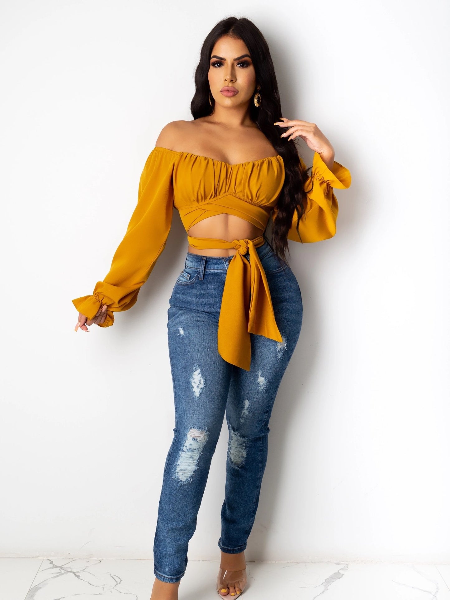 Lola Long Sleeve Crop Top Mustard - Ali’s Couture