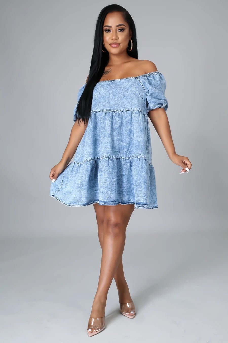 Lolita Off The Shoulder Tiered Denim Mini Dress - Ali’s Couture