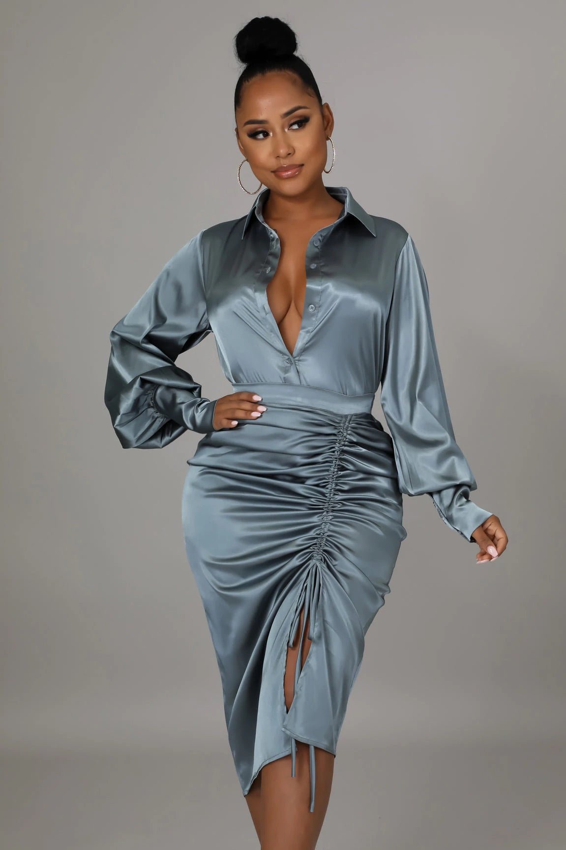 Lotus Satin Skirt Set Sage - Ali’s Couture