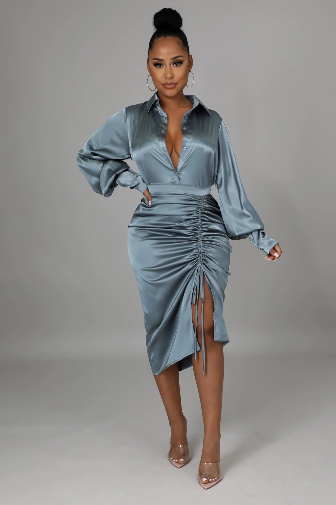 Lotus Satin Skirt Set Sage - Ali’s Couture