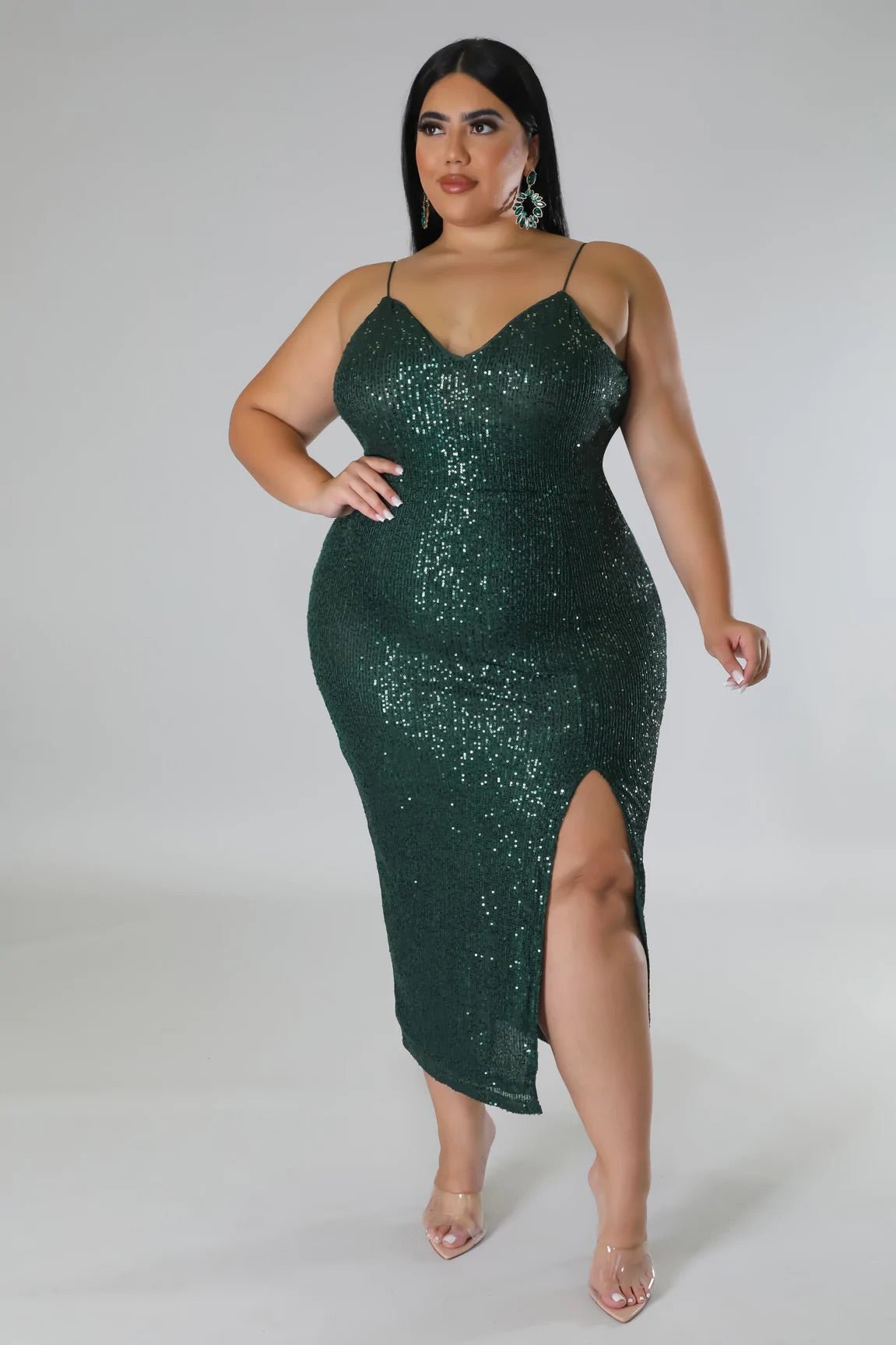 Luminous Sequin Midi Dress Hunter Green (Curvy) | Alis Couture, 1x Luminous Sequin Midi Dress Hunter Green (Curvy) | Alis Couture, 1x