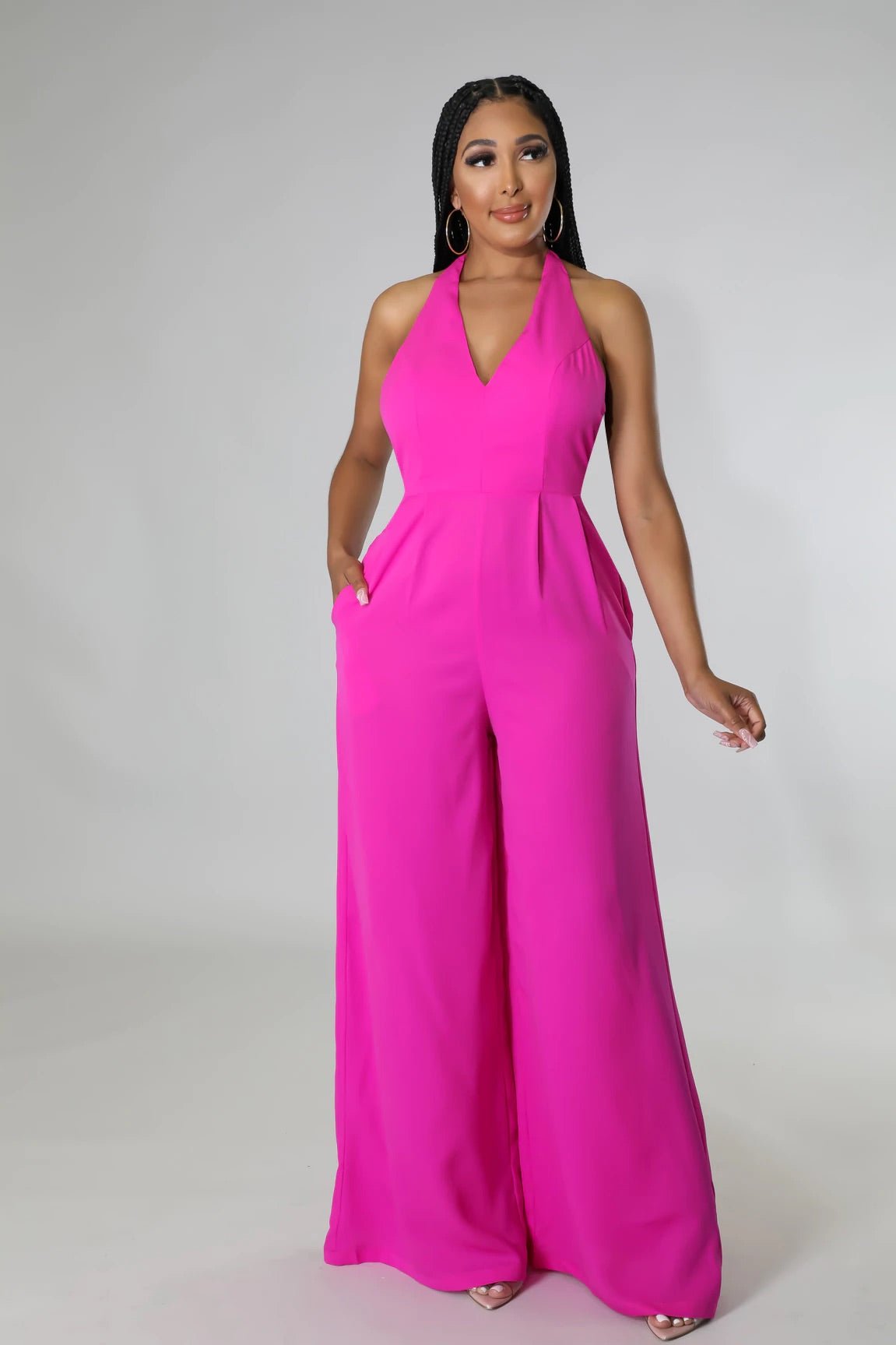 Luvy Wide Leg Halter Jumpsuit Fuchsia - Ali’s Couture
