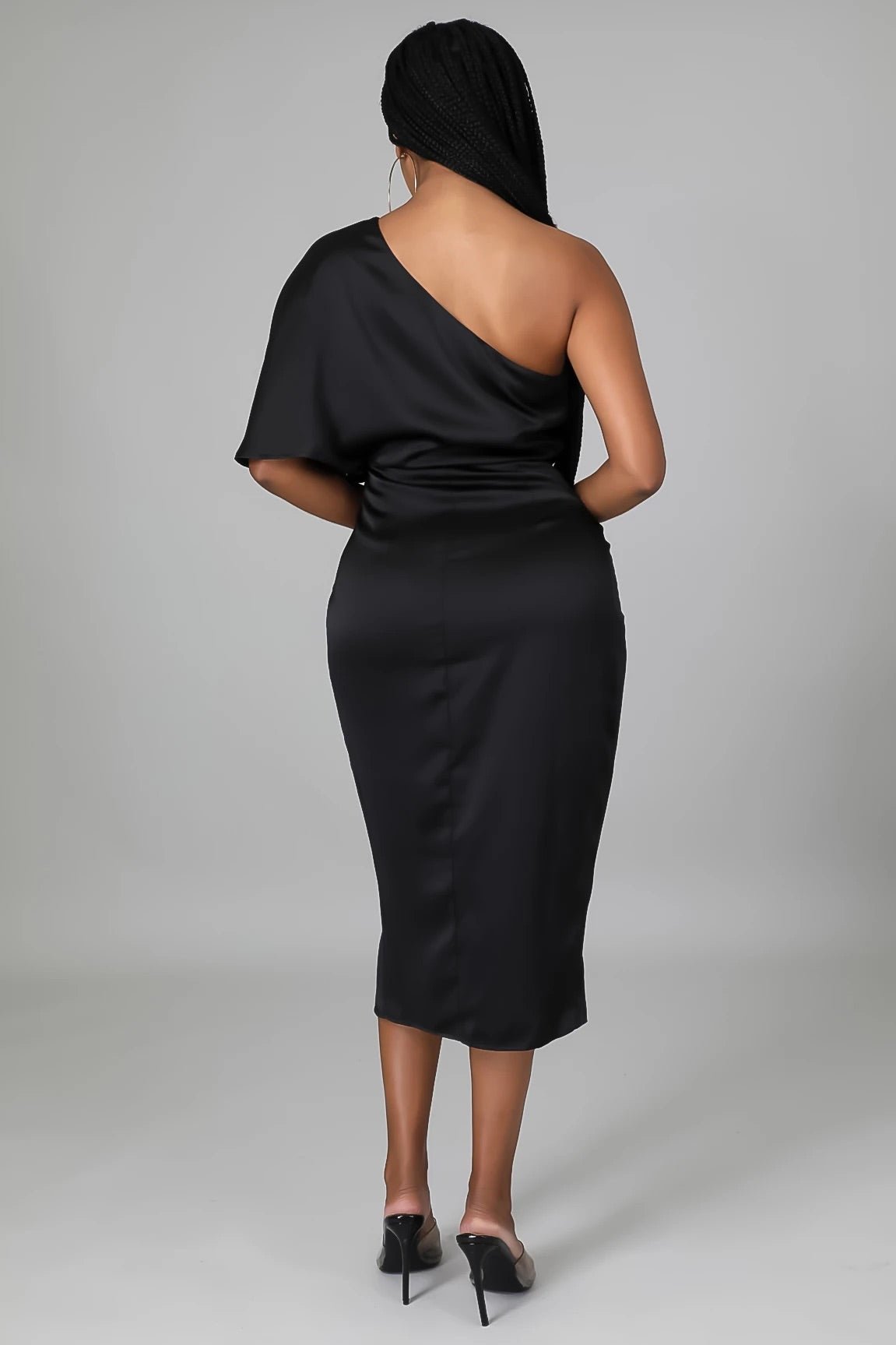 Luxx One Shoulder Satin Midi Dress Black - FINAL SALE - Ali’s Couture