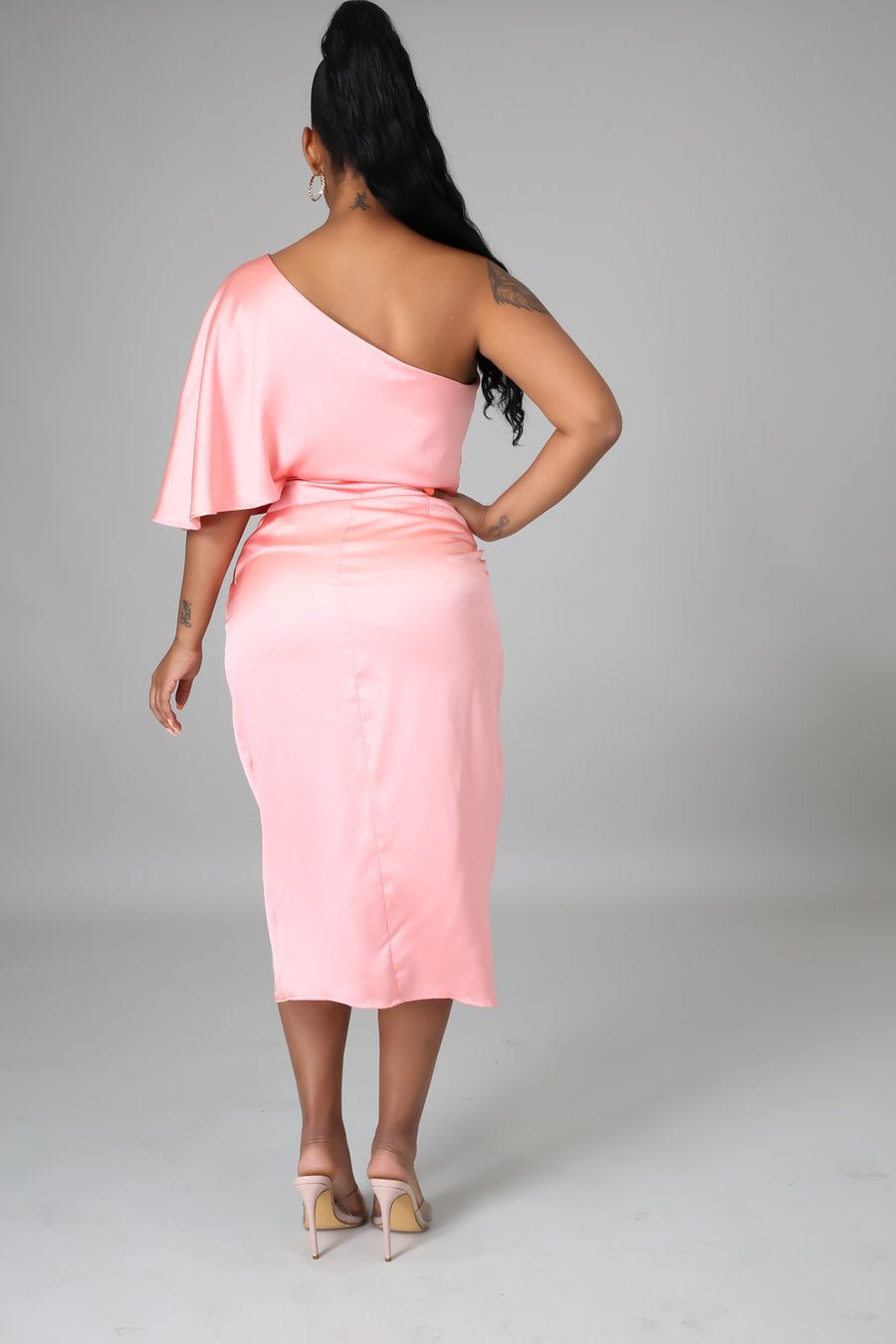 Luxx One Shoulder Satin Midi Dress Salmon - FINAL SALE - Ali’s Couture