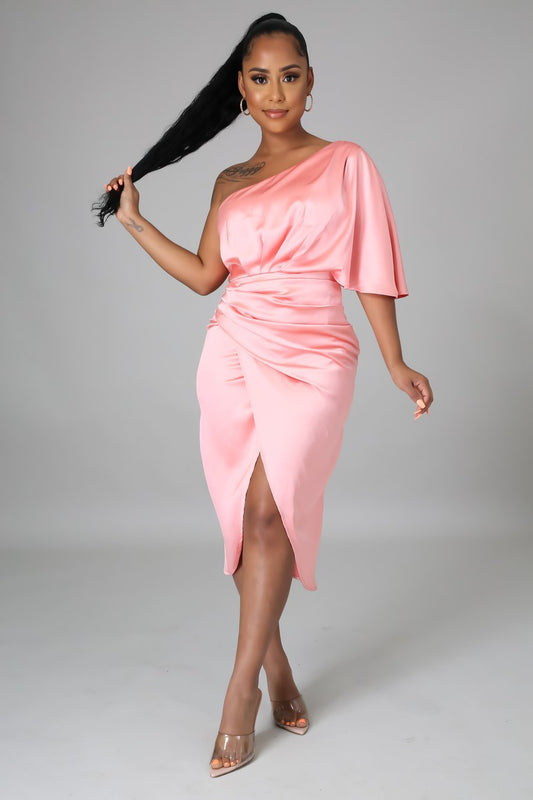 Luxx One Shoulder Satin Midi Dress Salmon - FINAL SALE - Ali’s Couture