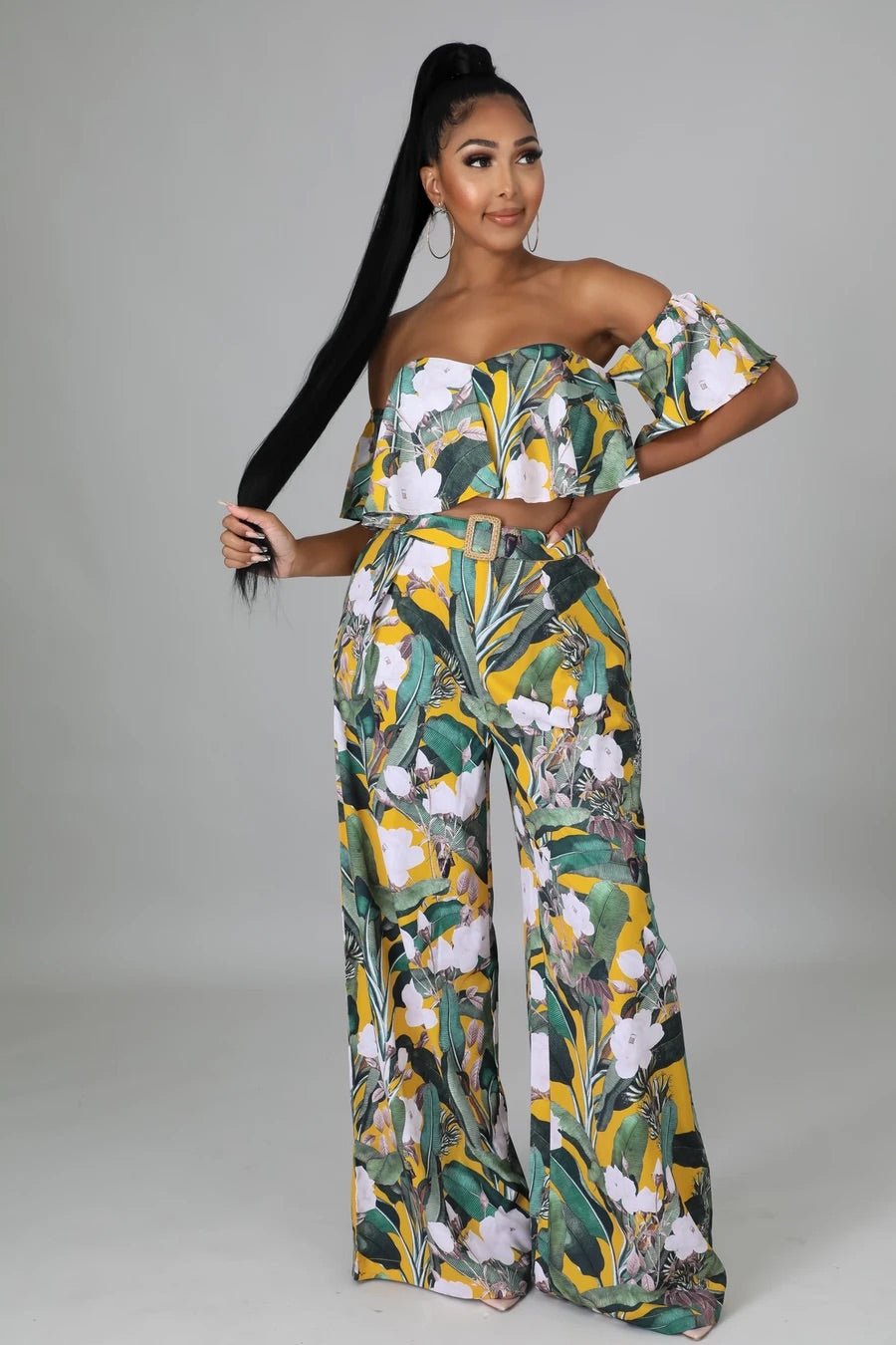 Magnolia Off The Shoulder Tropical Pant Set Green - FINAL SALE - Ali’s Couture
