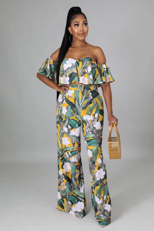 Magnolia Off The Shoulder Tropical Pant Set Green - FINAL SALE - Ali’s Couture