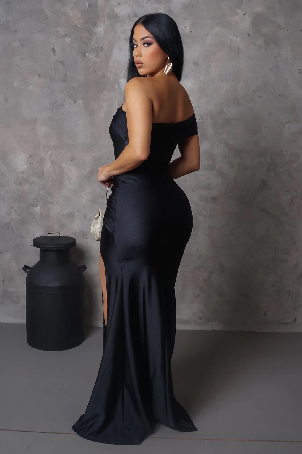 Melania Off The Shoulder Satin Maxi Dress Black - Ali’s Couture
