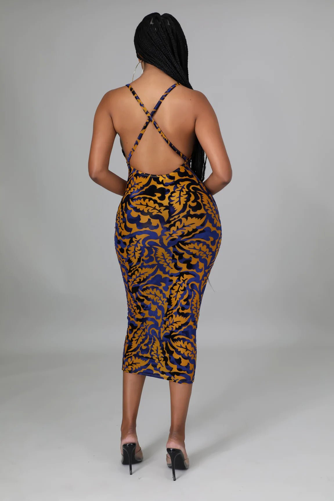 Midnight Affair Velvet Printed Midi Dress Blue - Ali’s Couture