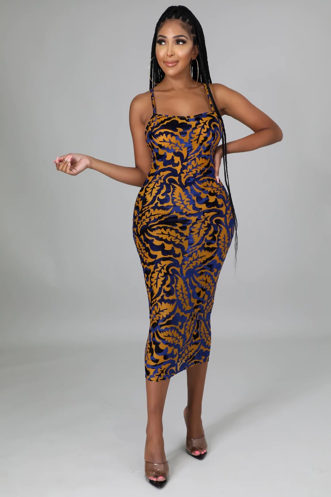 Midnight Affair Velvet Printed Midi Dress Blue - Ali’s Couture