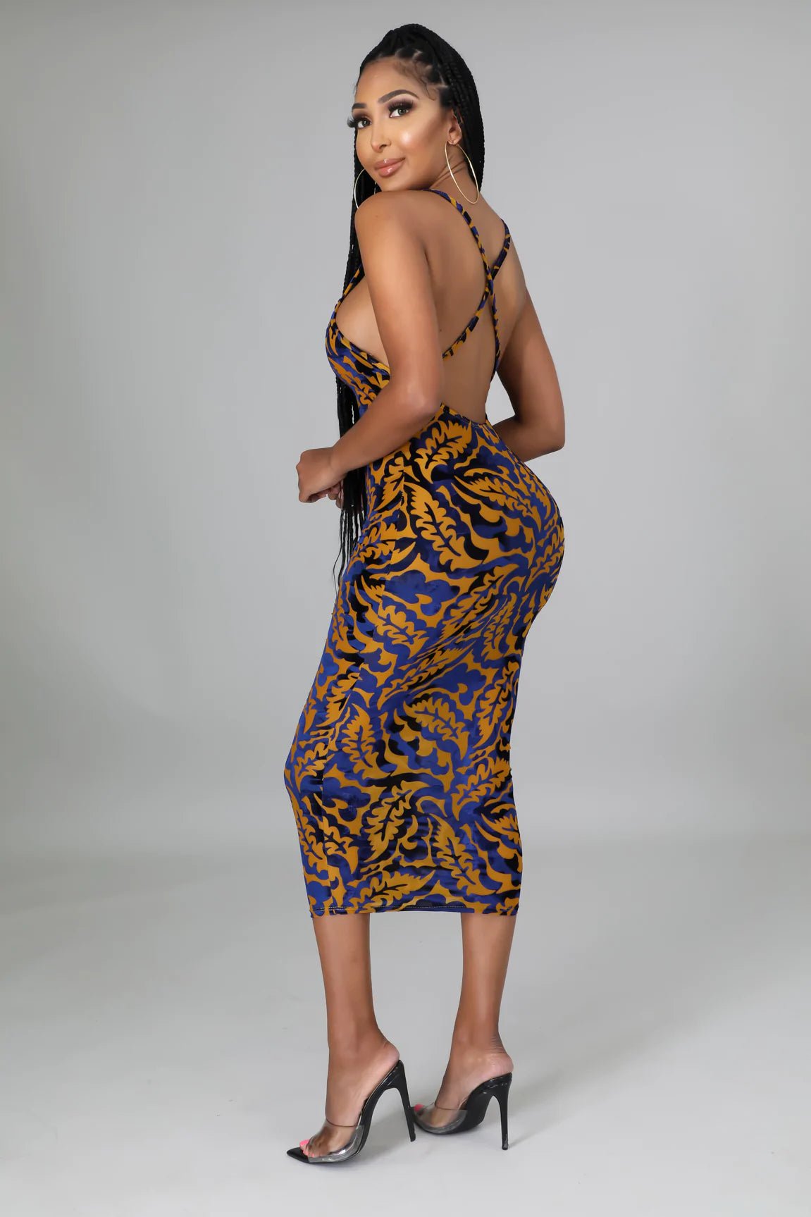 Midnight Affair Velvet Printed Midi Dress Blue - Ali’s Couture