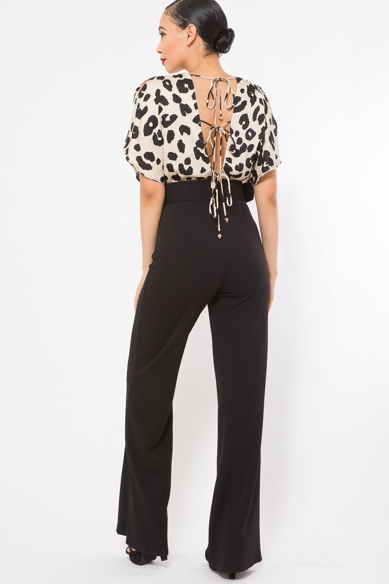 Natalia Two Tone Animal Print Jumpsuit Black - Ali’s Couture