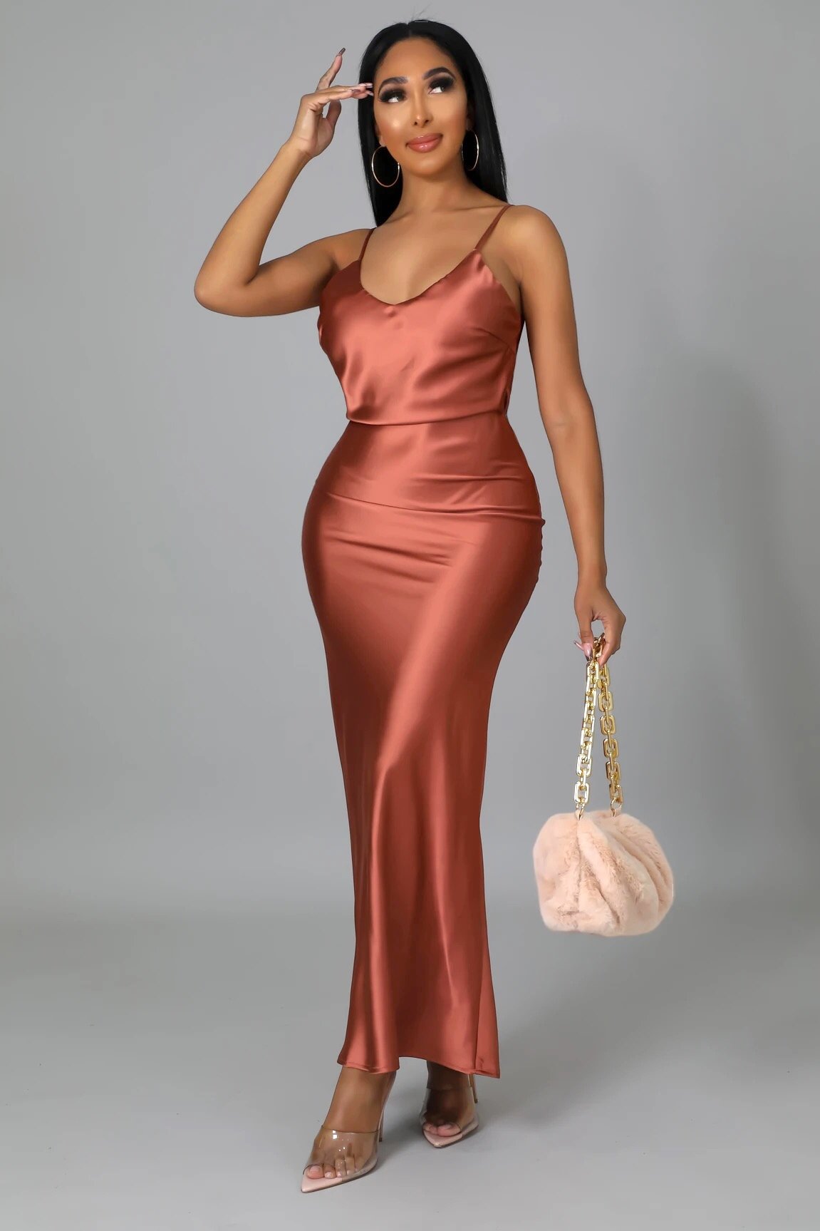 Night Out Satin Slip Midi Dress Cognac Brown | Alis Couture, Small Night Out Satin Slip Midi Dress Cognac Brown | Alis Couture, Small