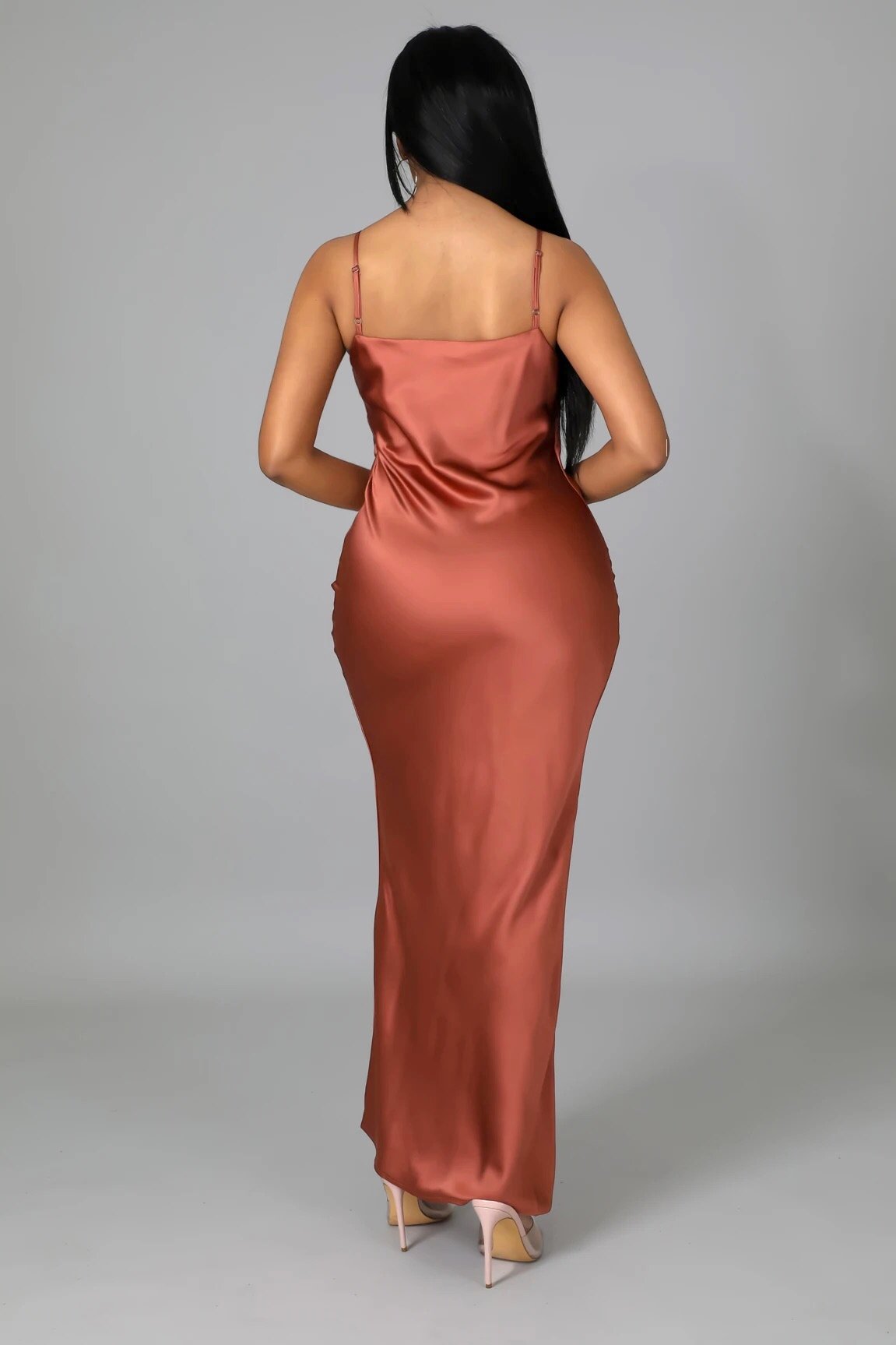 Night Out Satin Slip Midi Dress Cognac Brown - FINAL SALE - Ali’s Couture