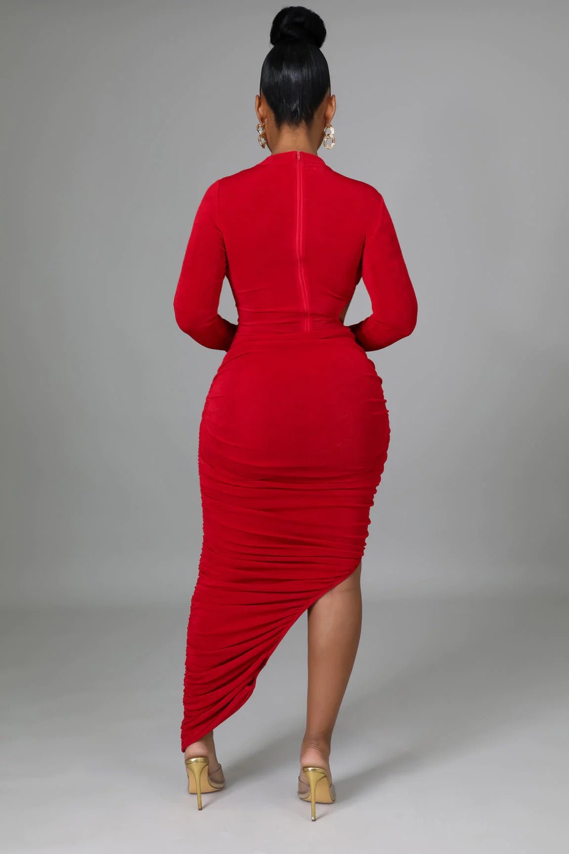 Nyla Cutout Ruched Midi Dress Red - Ali’s Couture