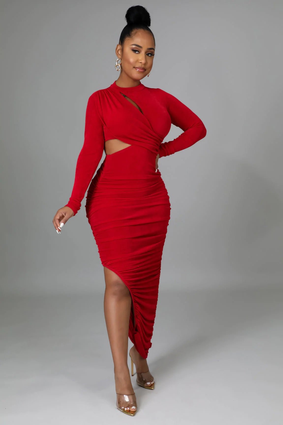 Nyla Cutout Ruched Midi Dress Red - Ali’s Couture