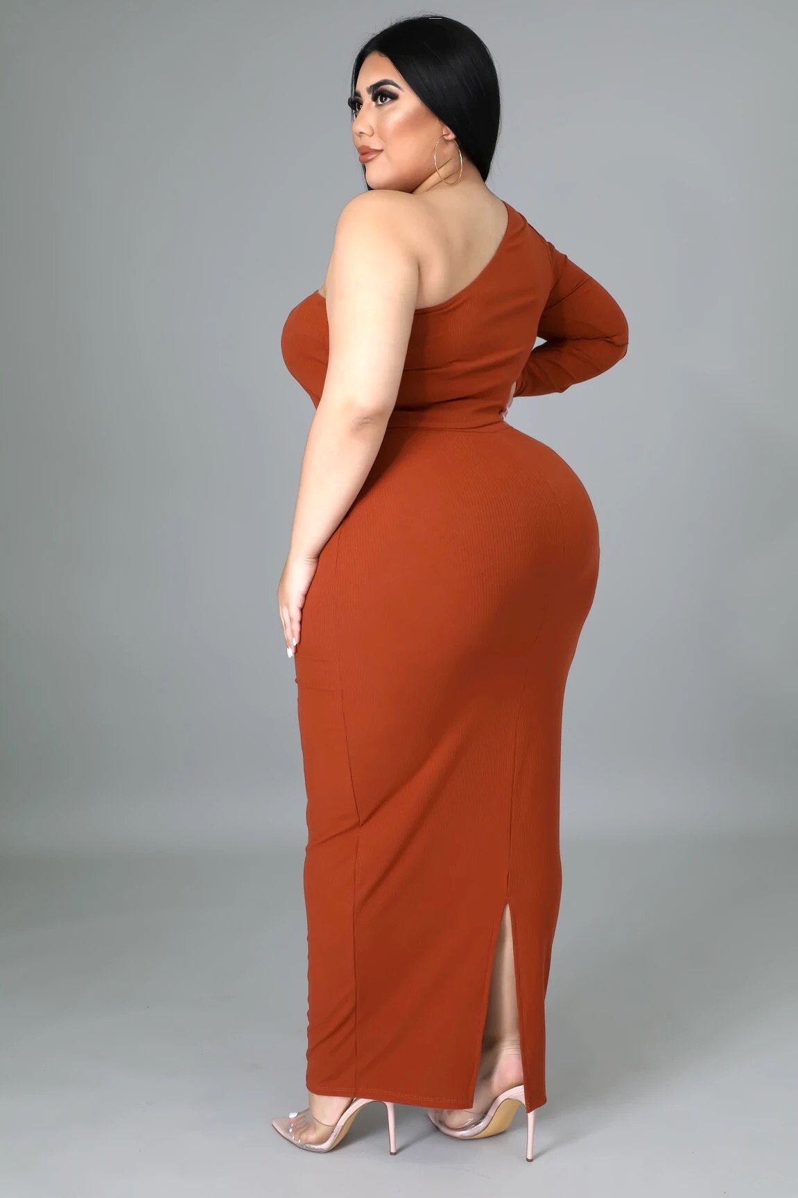 One Sided One Shoulder Skirt Set Rust (Curvy) - Ali’s Couture