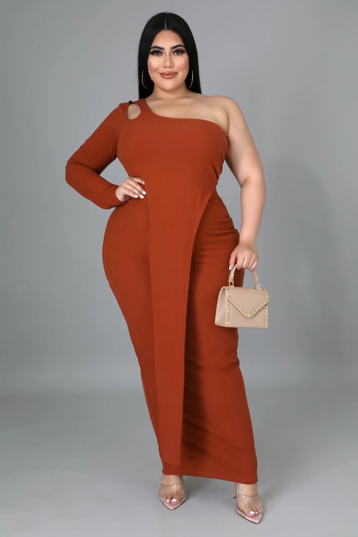 One Sided One Shoulder Skirt Set Rust (Curvy) - Ali’s Couture