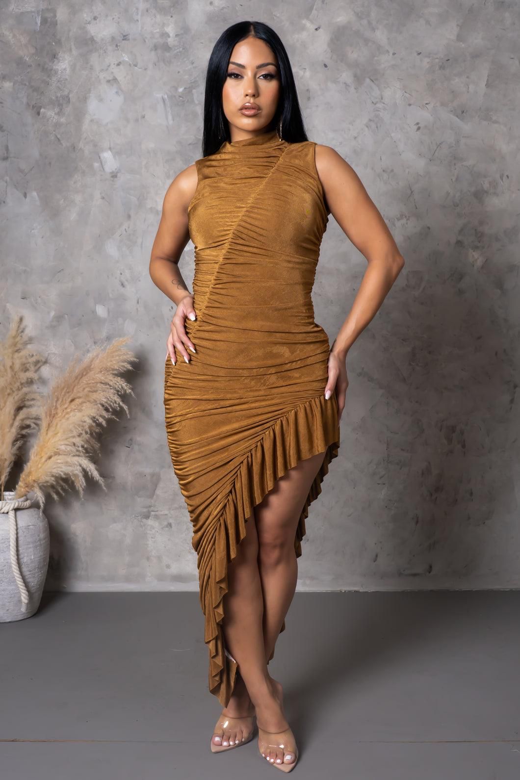 Saffron Asymmetrical Ruffle Hem Midi Dress Taupe - Ali’s Couture