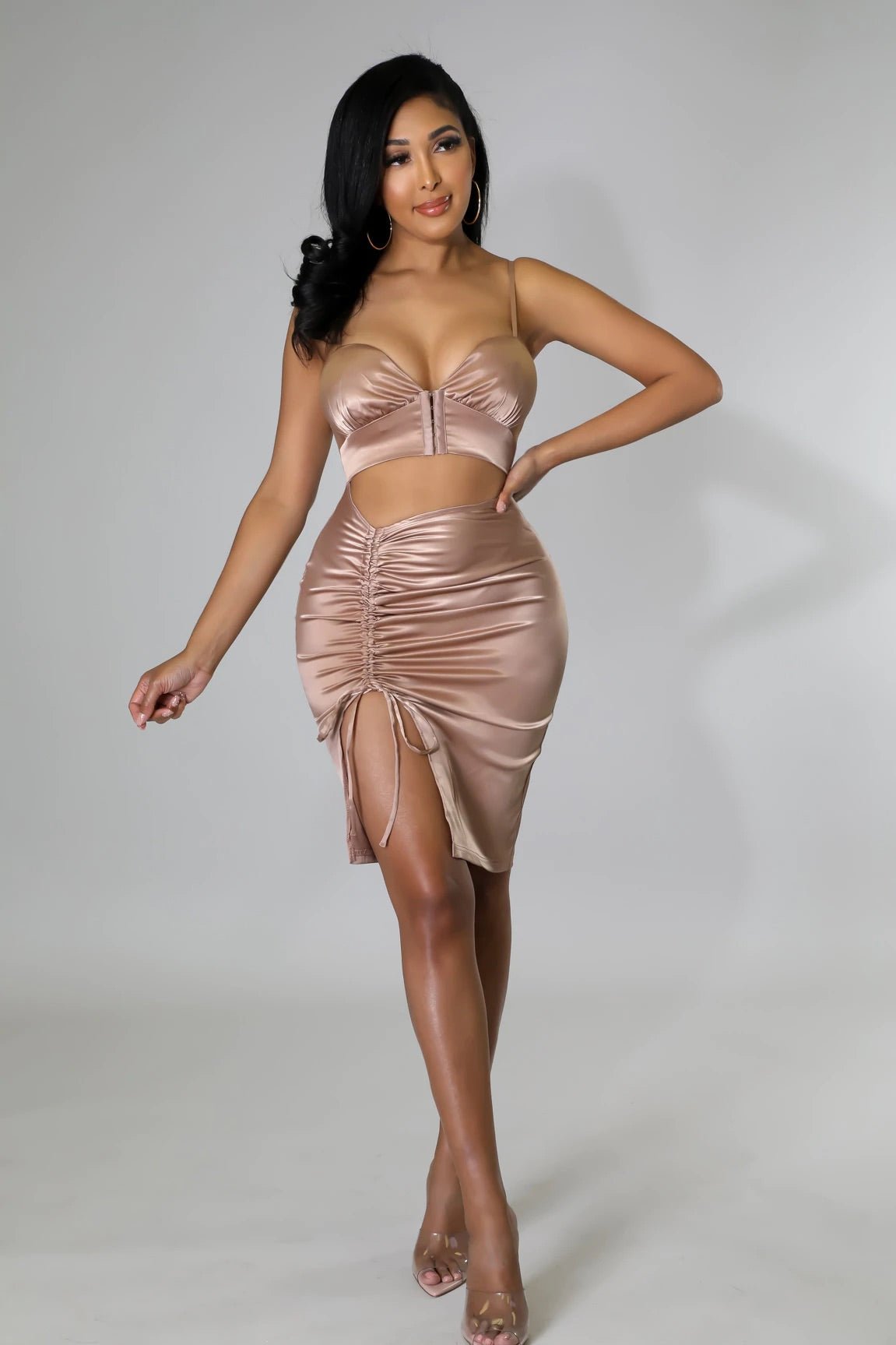 Sensual Moment Ruched Satin Mini Dress Pastel Brown - Ali’s Couture