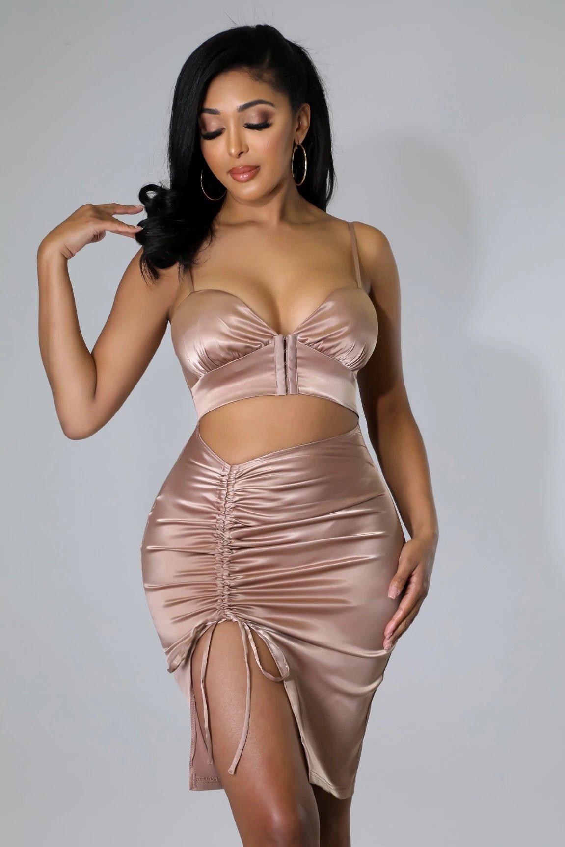 Sensual Moment Ruched Satin Mini Dress Pastel Brown - Ali’s Couture