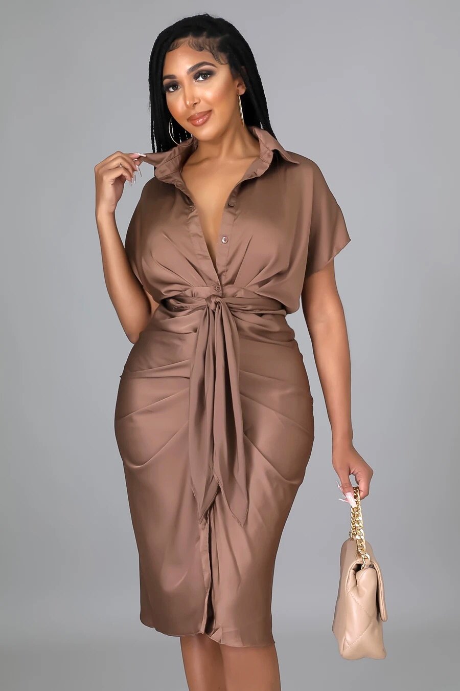 Social Affair Draped Satin Midi Dress Chocolate - Ali’s Couture