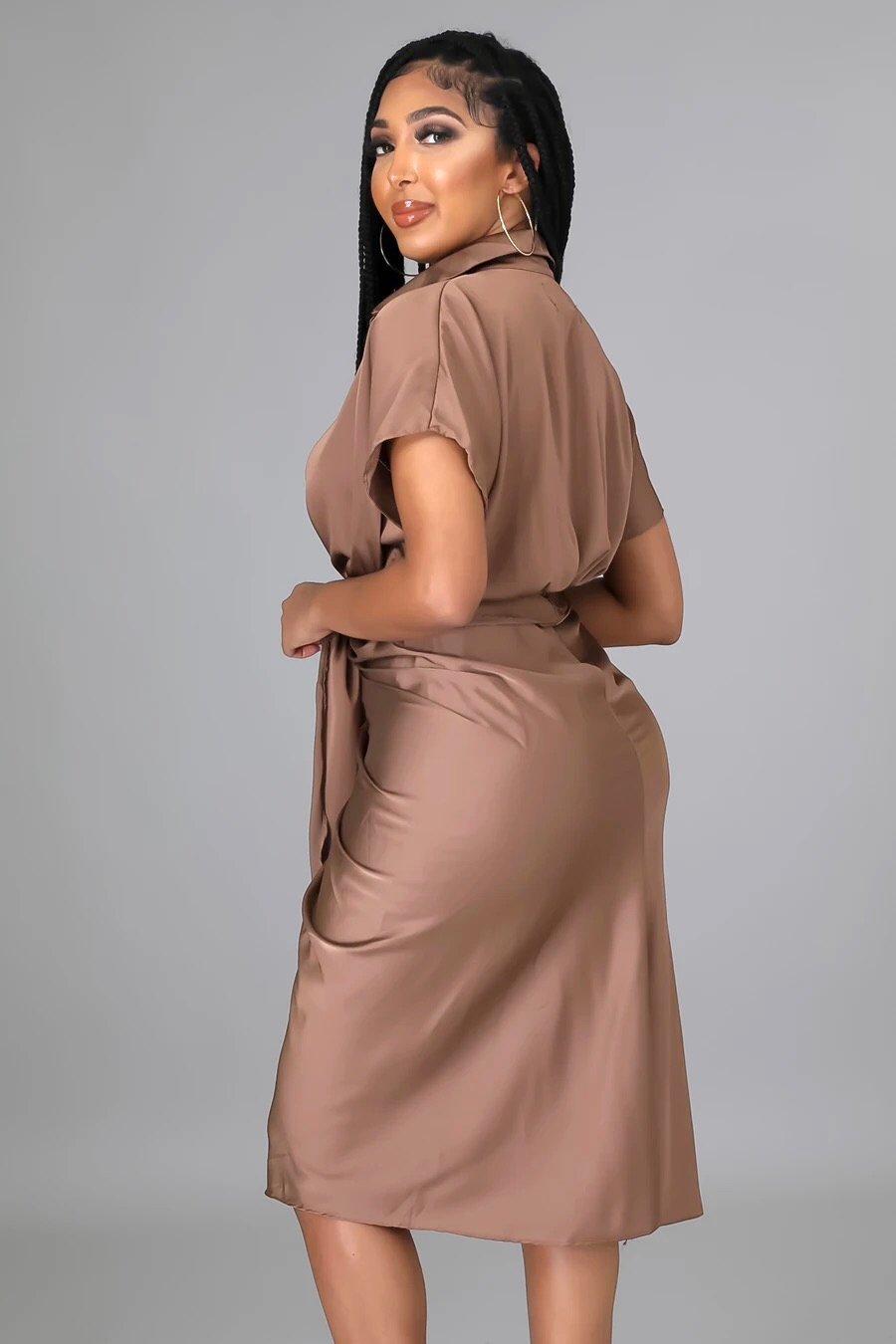 Social Affair Draped Satin Midi Dress Chocolate - Ali’s Couture