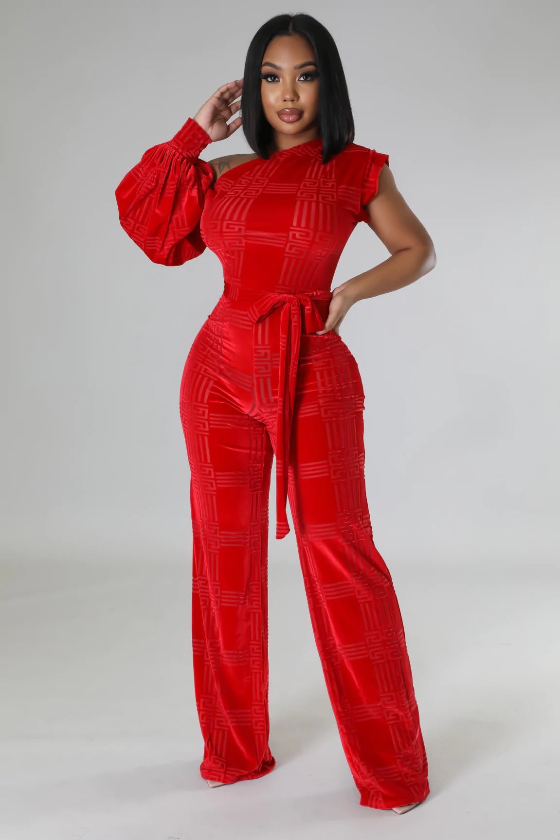Starstruck One Shoulder Texture Velvet Jumpsuit Red - Ali’s Couture