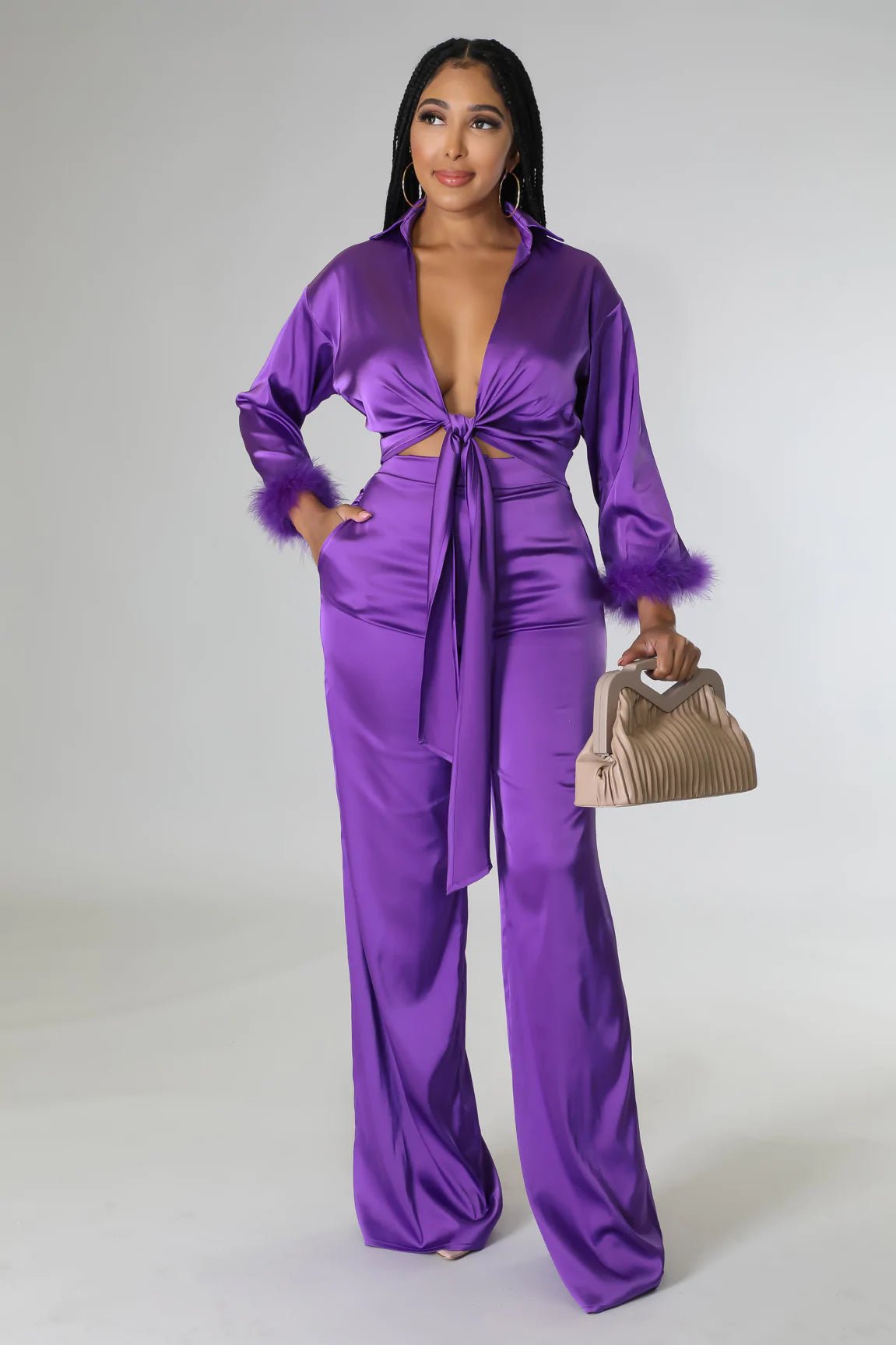 Stellar Satin Pant Set Purple - Ali’s Couture