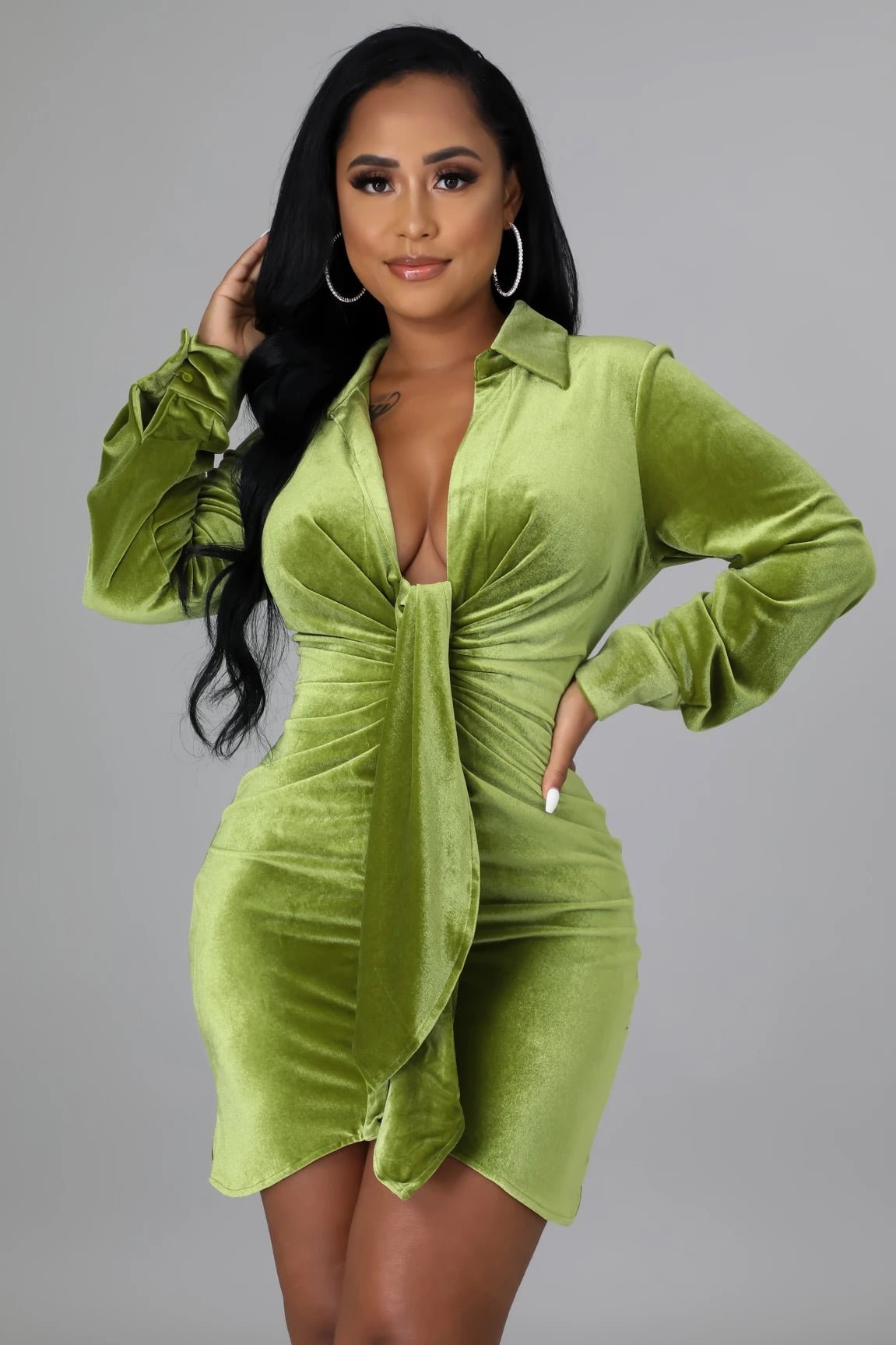 Top Shelf Front Tie Velvet Mini Dress Lime Green - Ali’s Couture