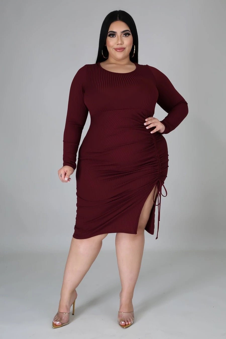 Total Wine Ruched Midi Dress Burgundy Plus Size | Alis Couture, 3X Total Wine Ruched Midi Dress Burgundy Plus Size | Alis Couture, 3X