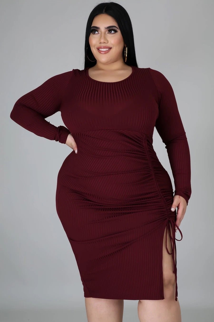 Total Wine Ruched Midi Dress Burgundy (Curvy) - FINAL SALE - Ali’s Couture