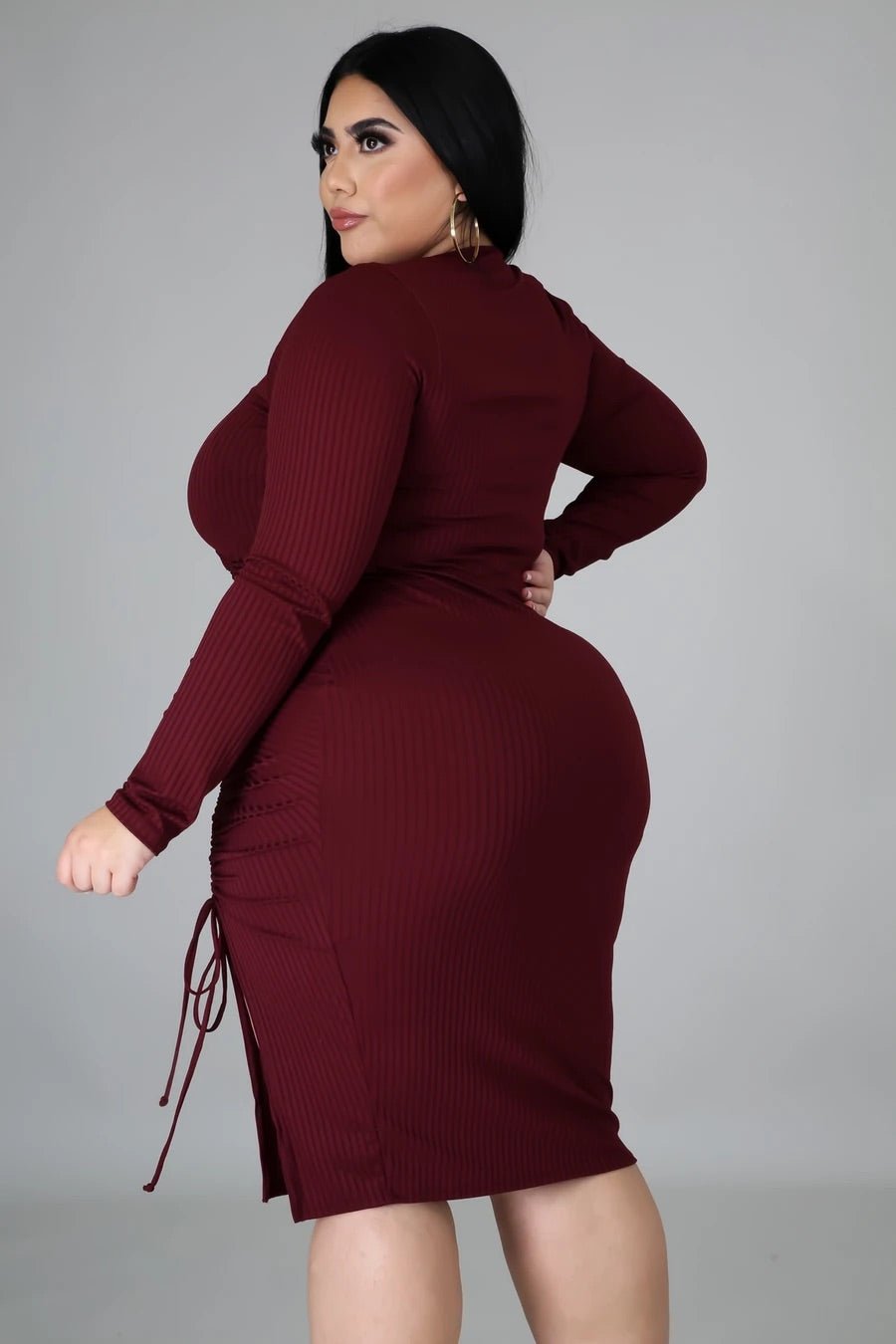 Total Wine Ruched Midi Dress Burgundy (Curvy) - FINAL SALE - Ali’s Couture