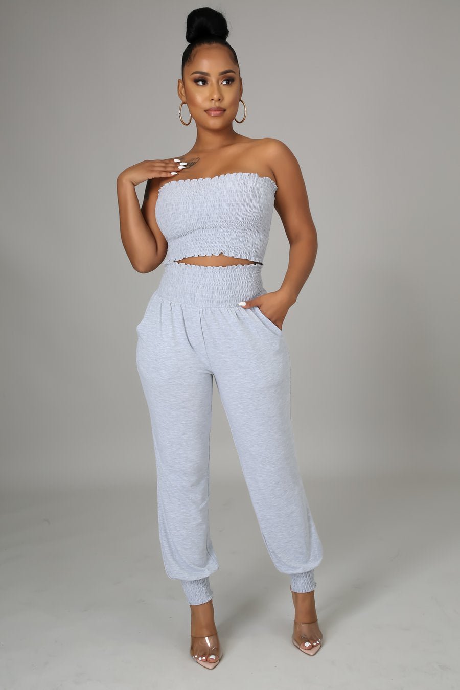 Tyra Strapless Pant Set Heather Grey - Ali’s Couture