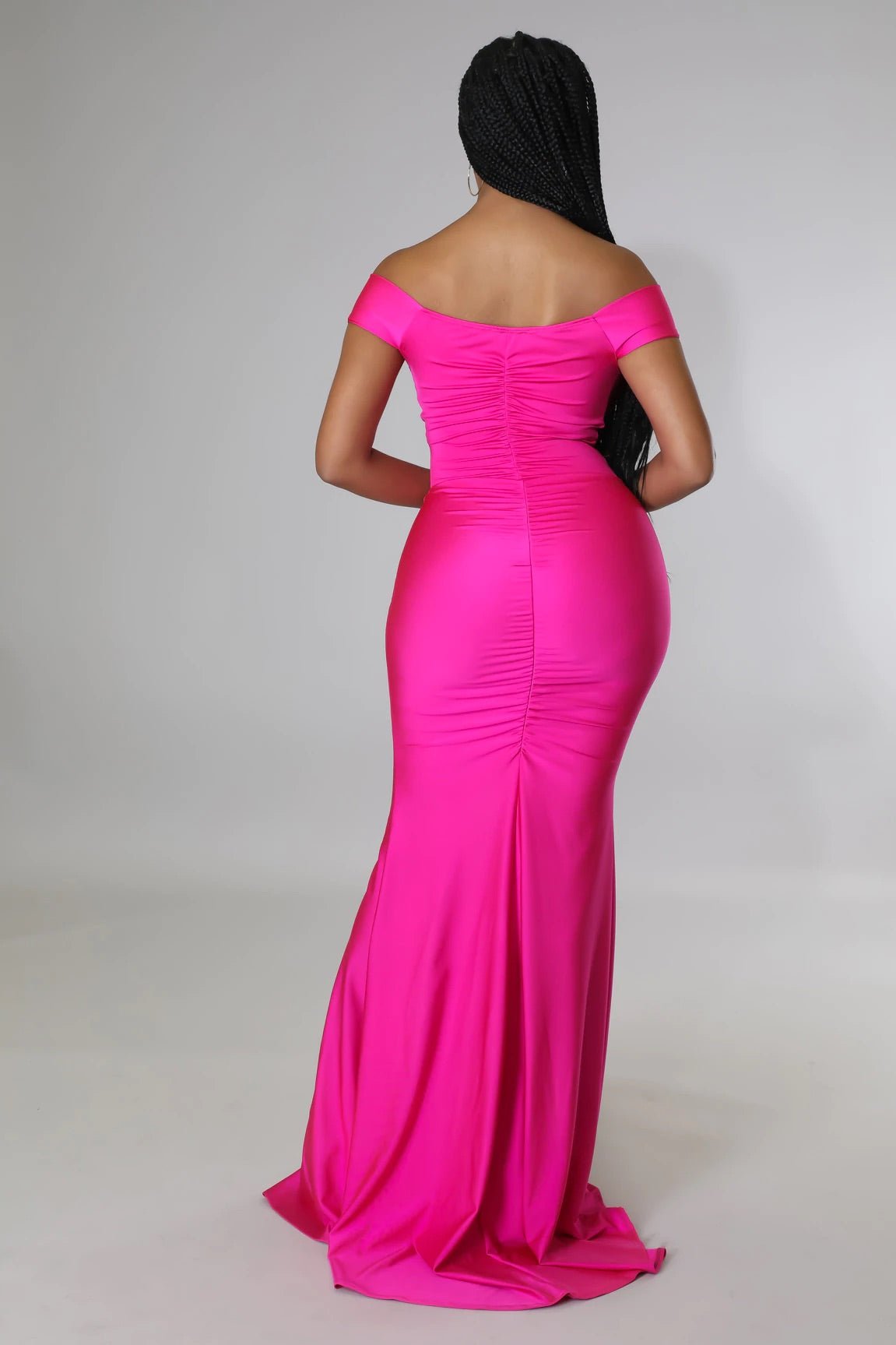 Vanity Off The Shoulder Satin Maxi Dress Fuchsia - Ali’s Couture