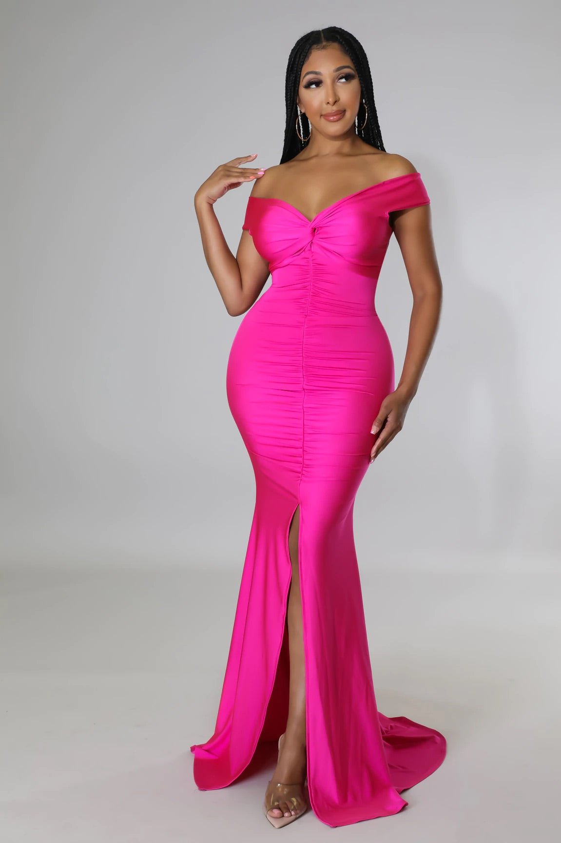 Vanity Off The Shoulder Satin Maxi Dress Fuchsia - Ali’s Couture