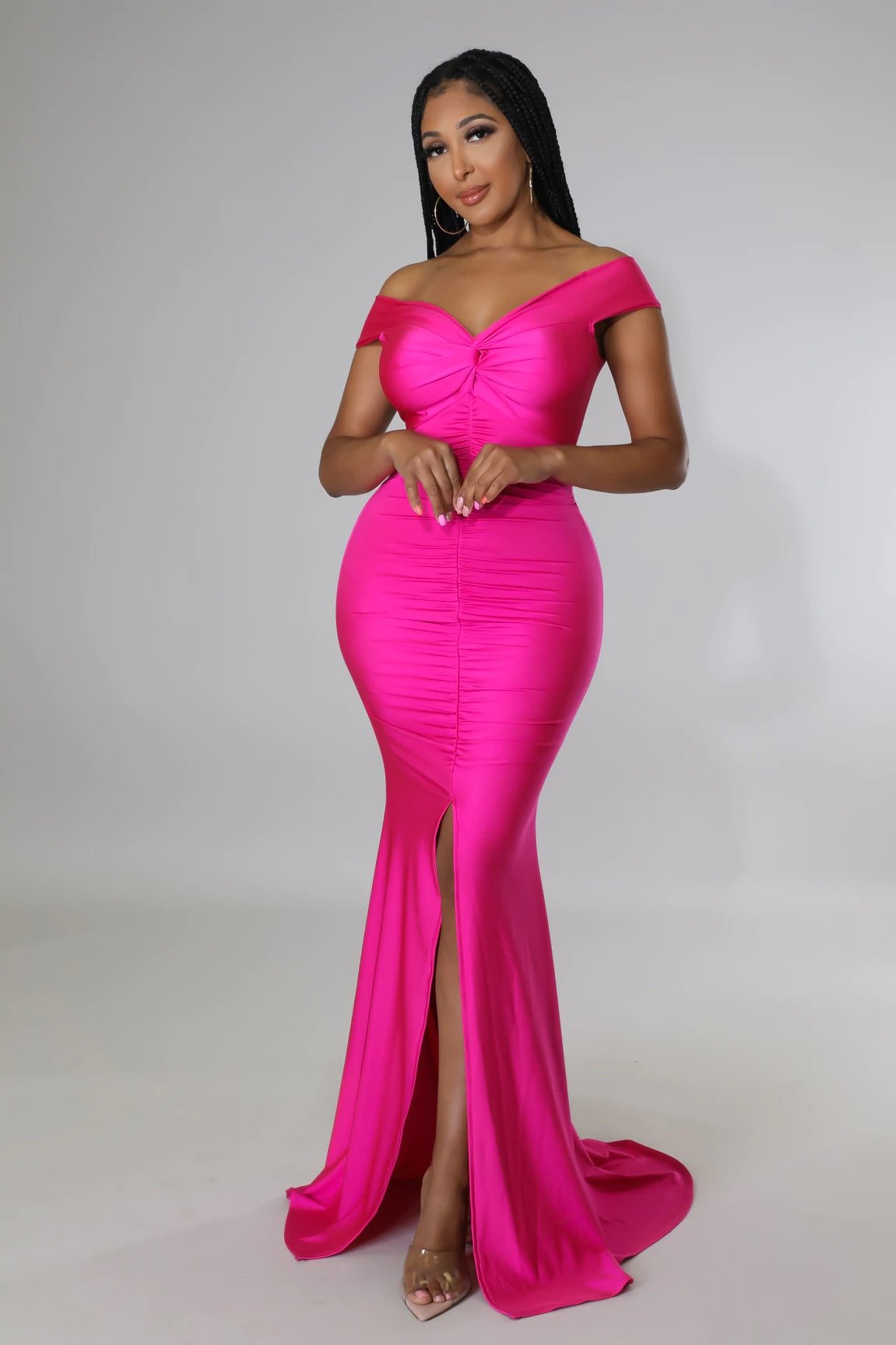 Vanity Off The Shoulder Satin Maxi Dress Fuchsia