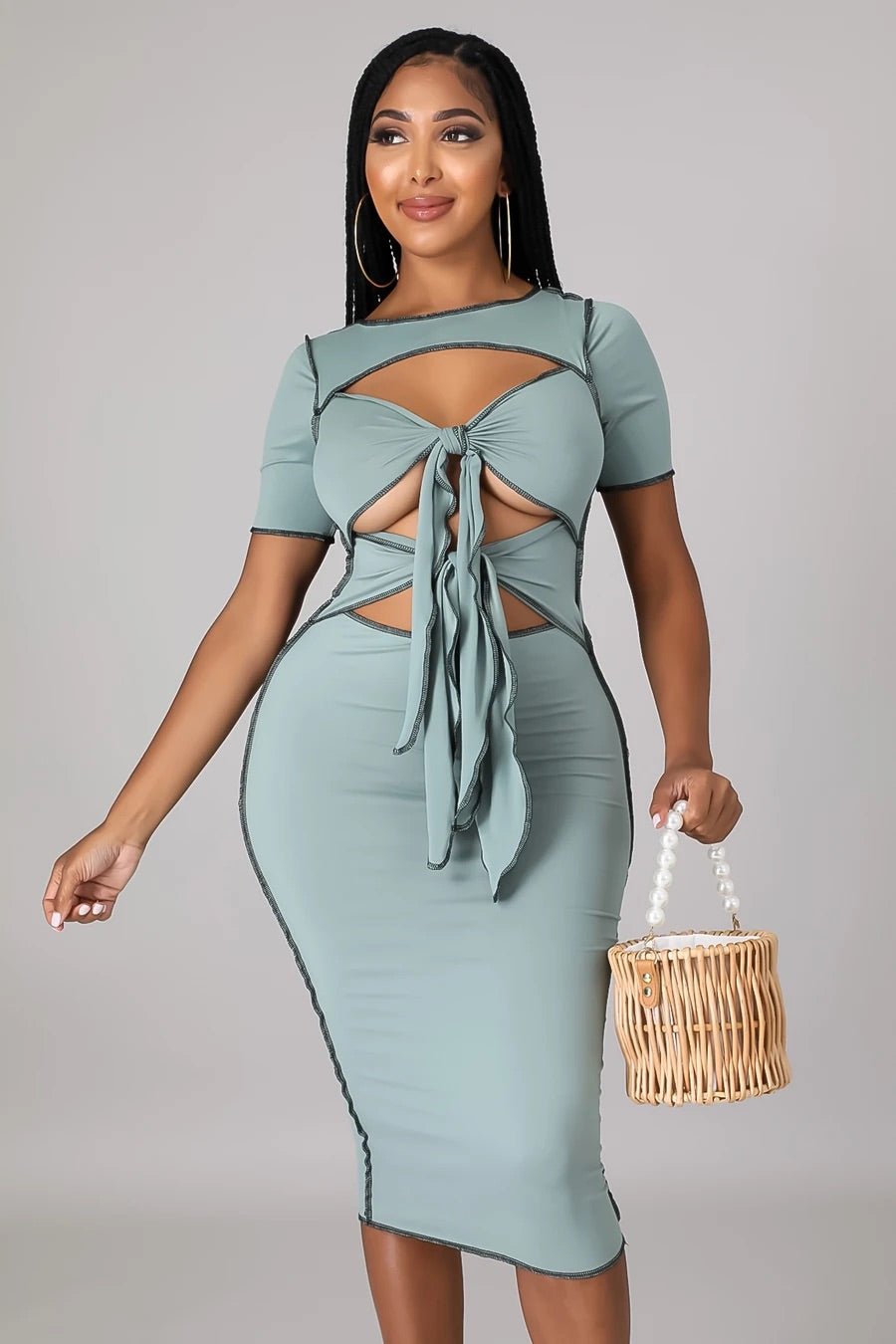 Vixen Cutout Midi Dress Sage | Alis Couture, Small Vixen Cutout Midi Dress Sage | Alis Couture, Small