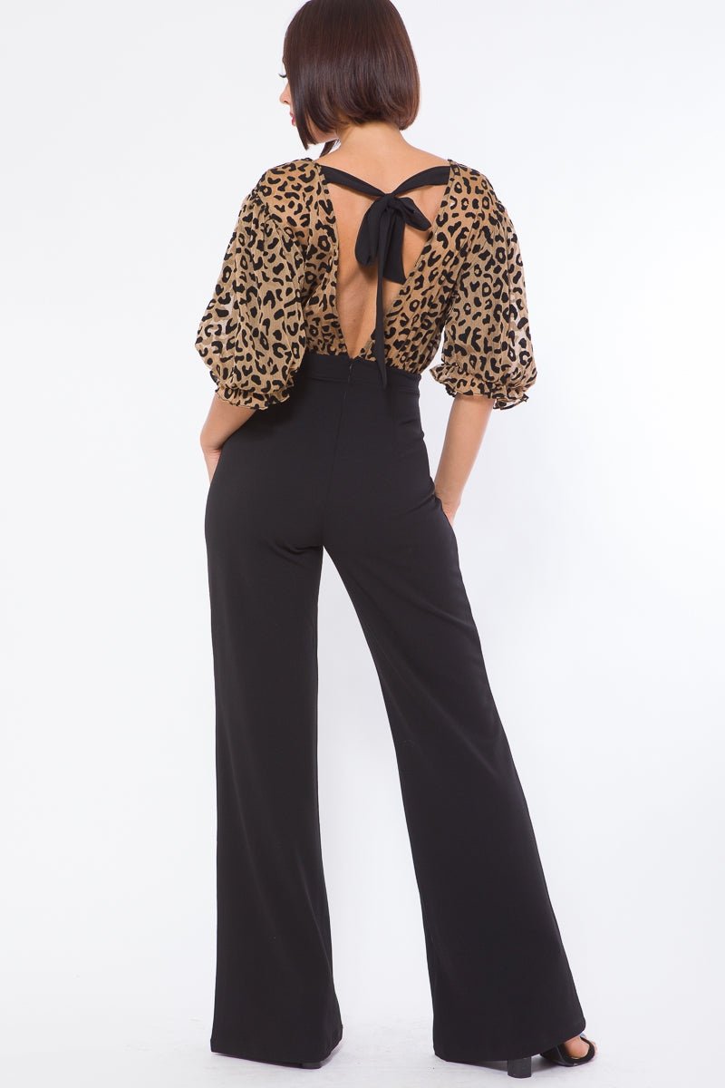 Ximena Two Tone Animal Print Jumpsuit Black - Ali’s Couture