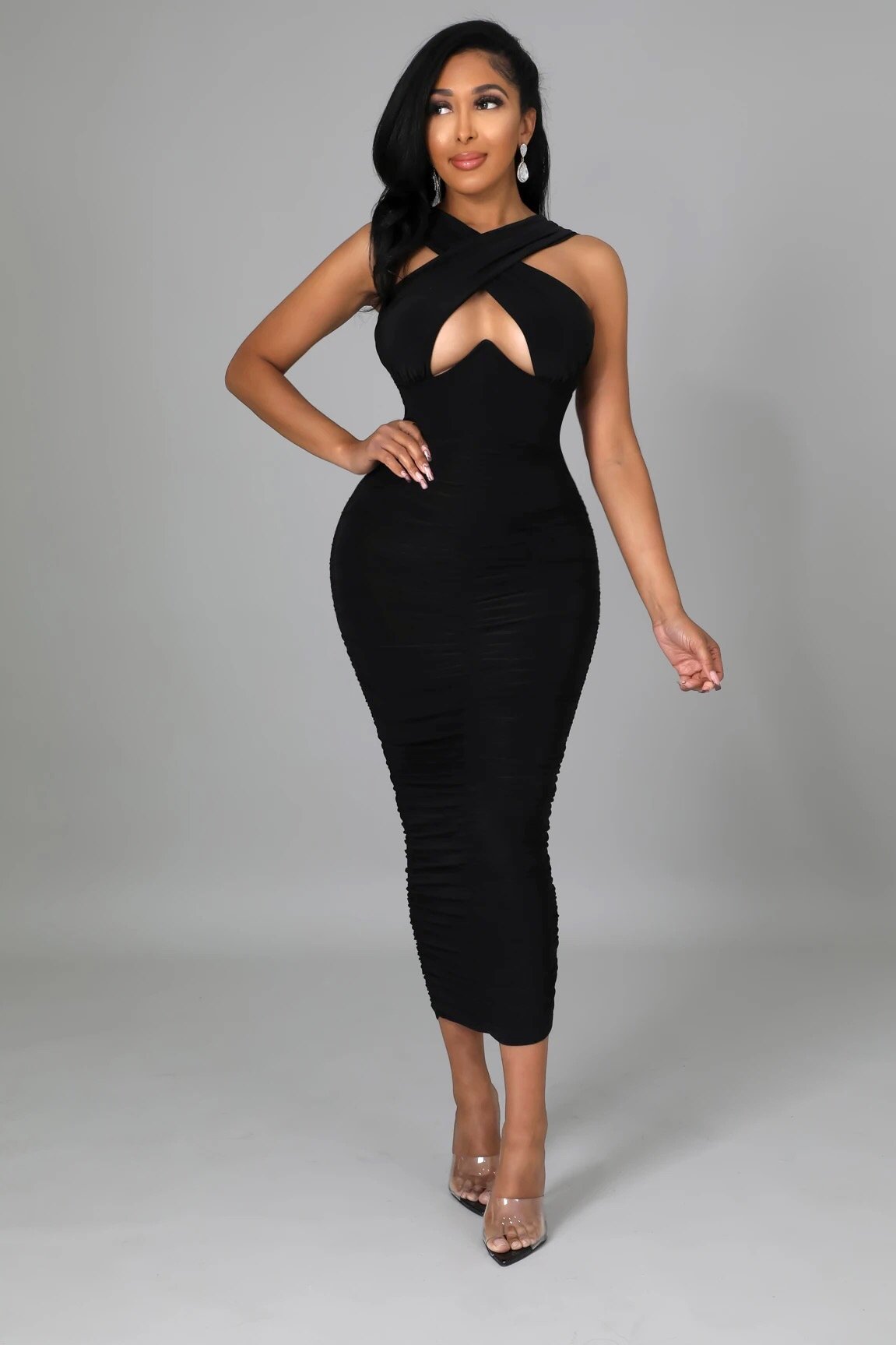 Xophia Crossed Neckline Midi Dress Black - Ali’s Couture