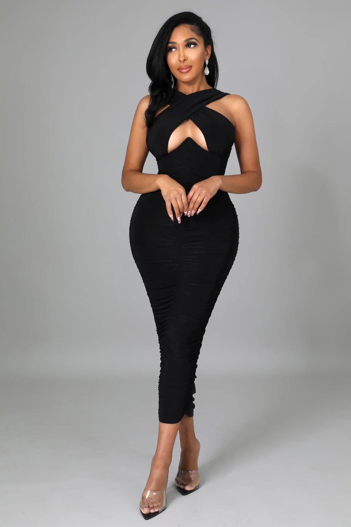 Xophia Crossed Neckline Midi Dress Black - Ali’s Couture