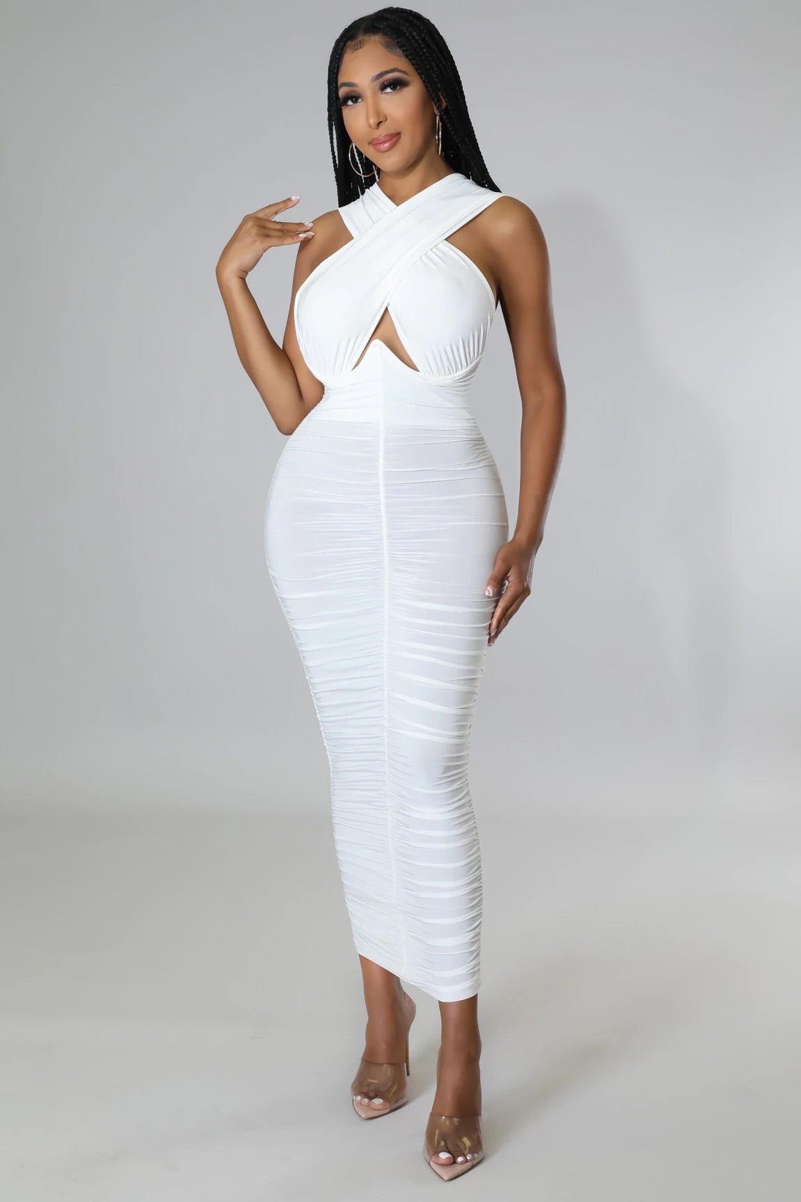Xophia Crossed Neckline Midi Dress Off White - Ali’s Couture